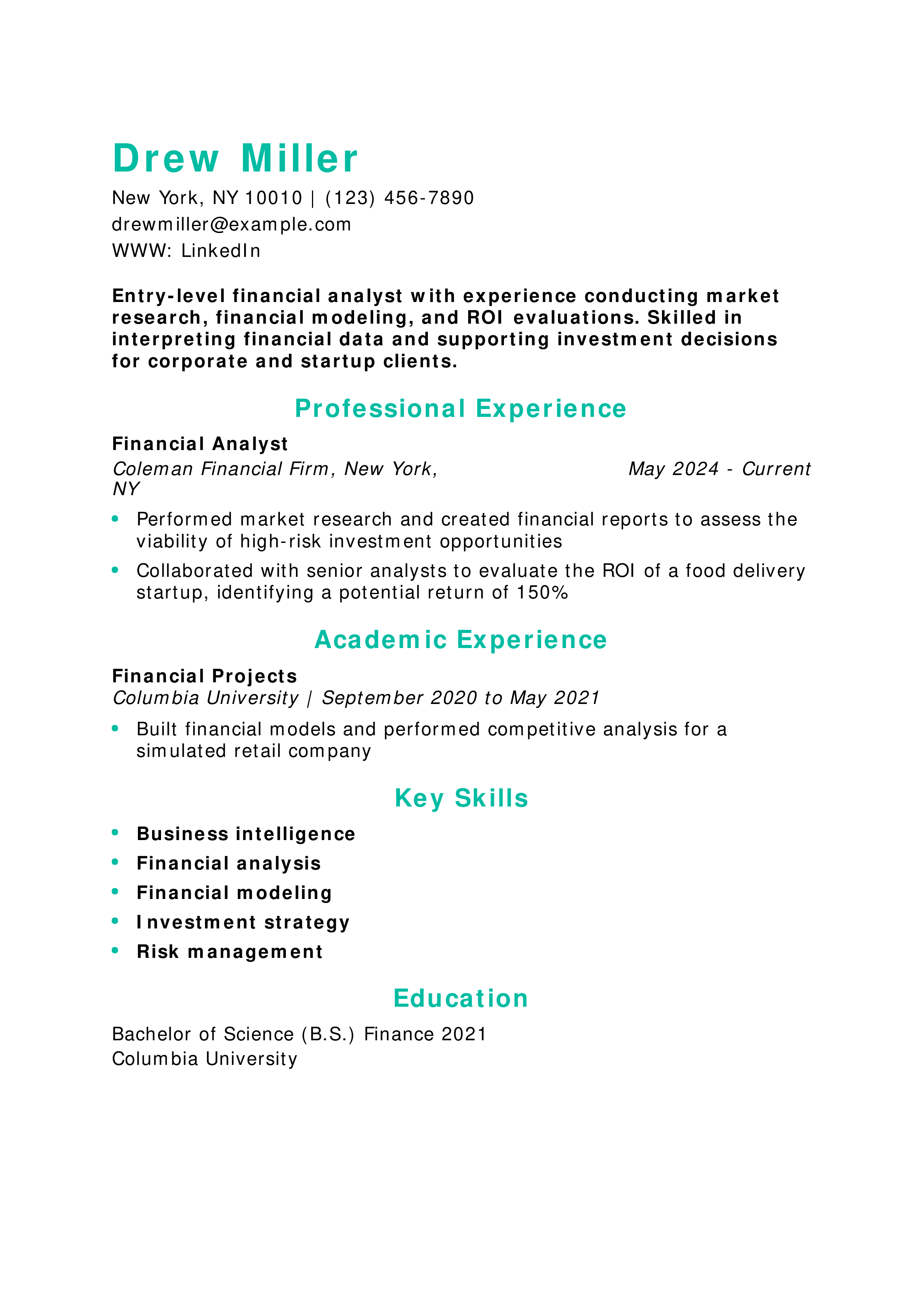 Junior Financial Analyst Resume Example