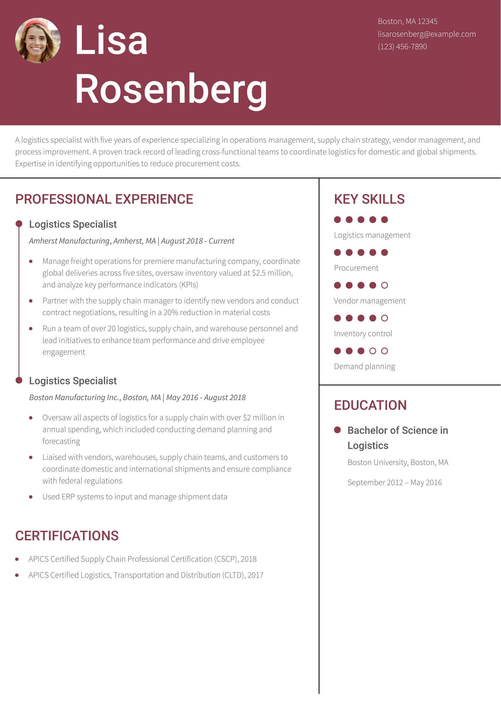 Logistics Specialist Resume Example