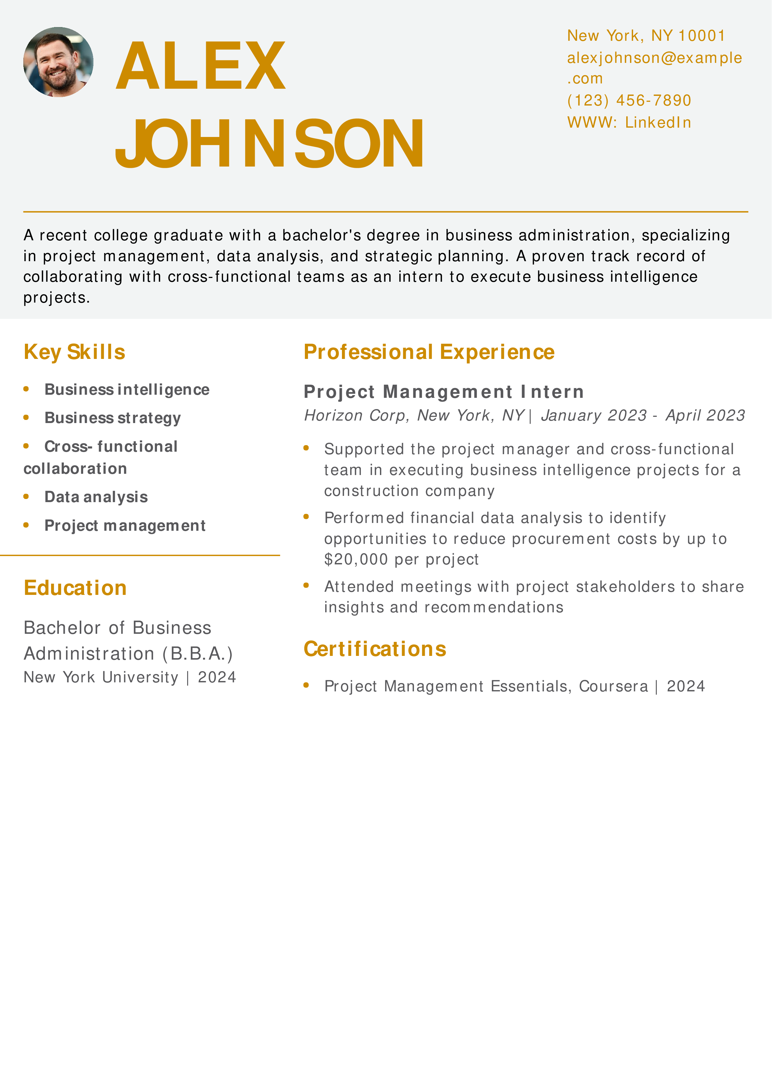 Project Coordinator Resume Example