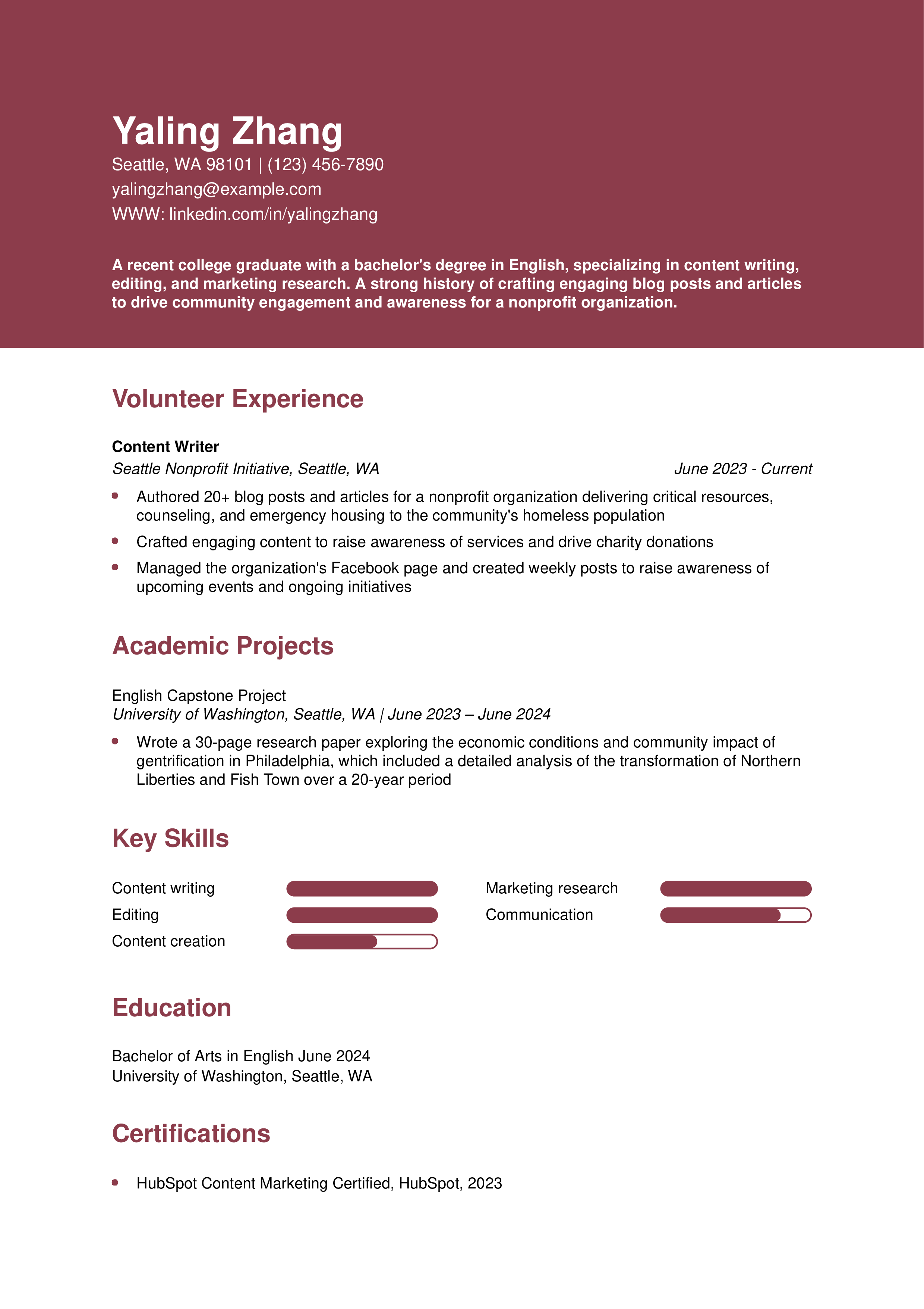 Recent College Graduate with No Experience Resume
