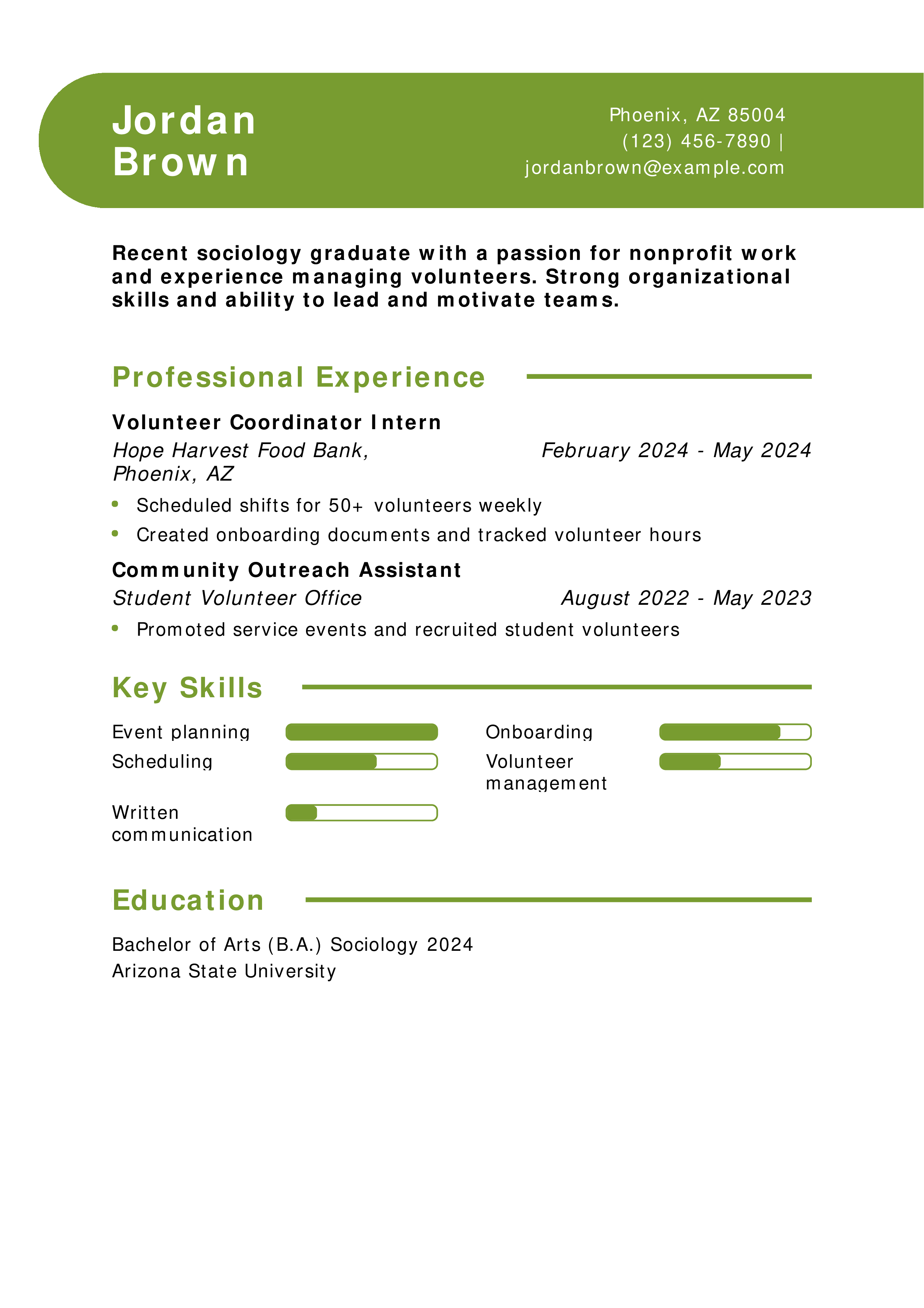 Volunteer Coordinator Resume Example