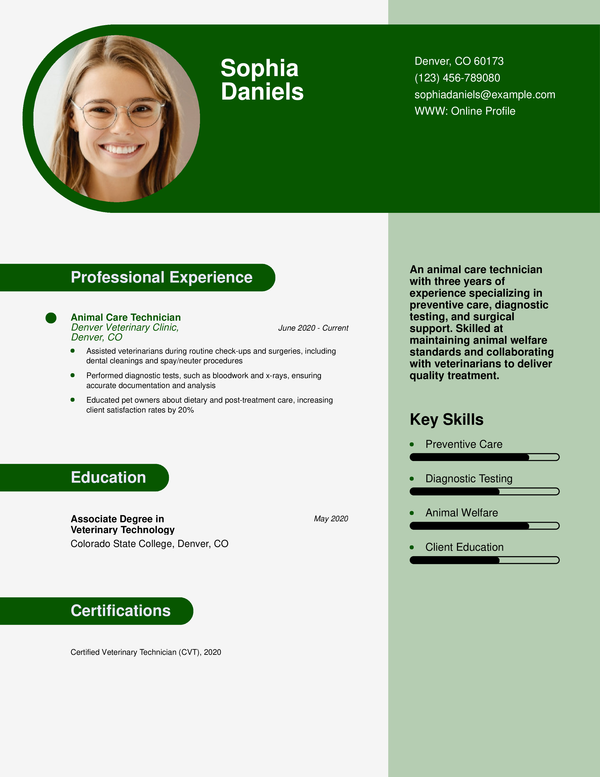 Animal Care Technician Resume Example