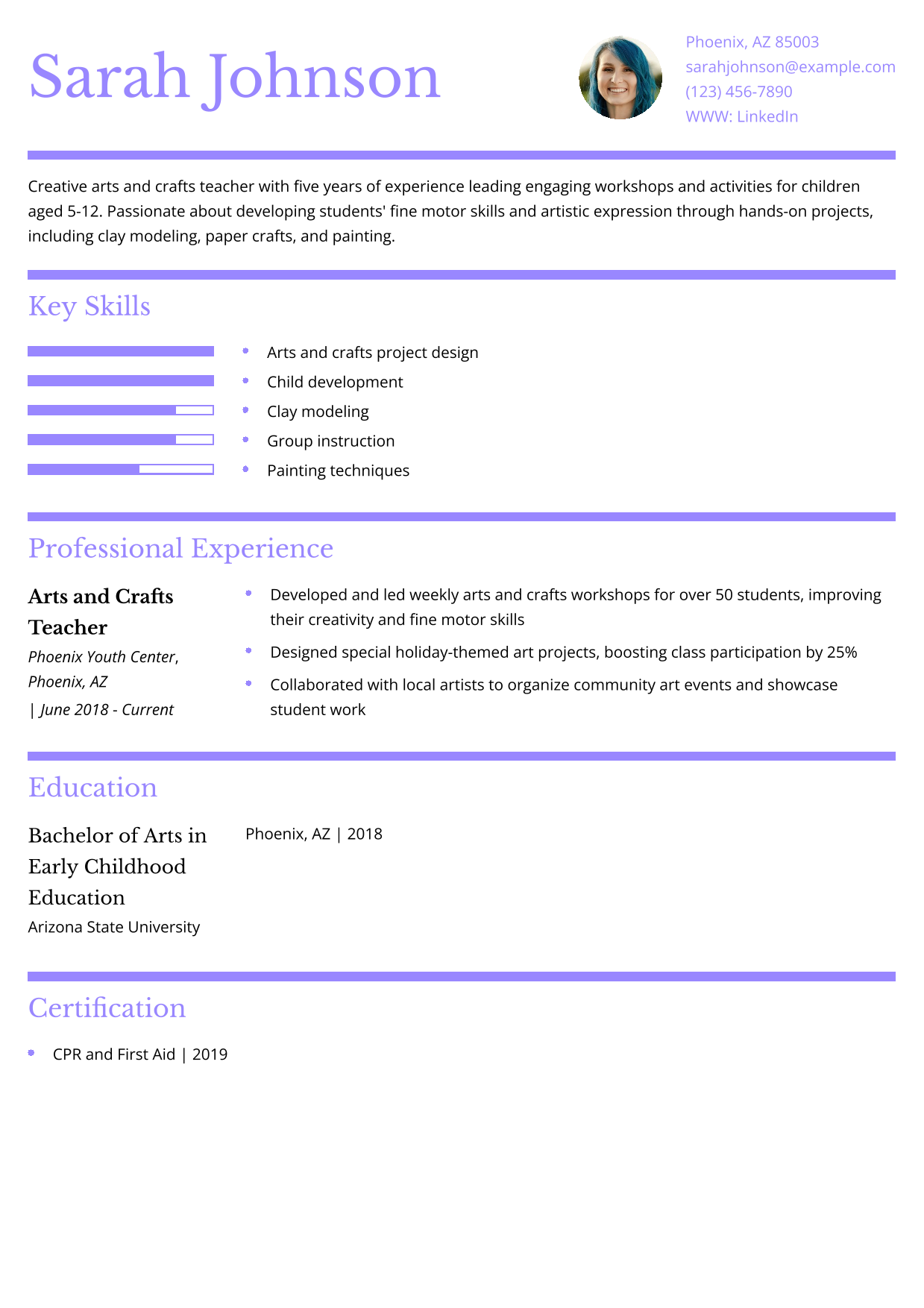 Arts and Crafts Teacher Resume Example