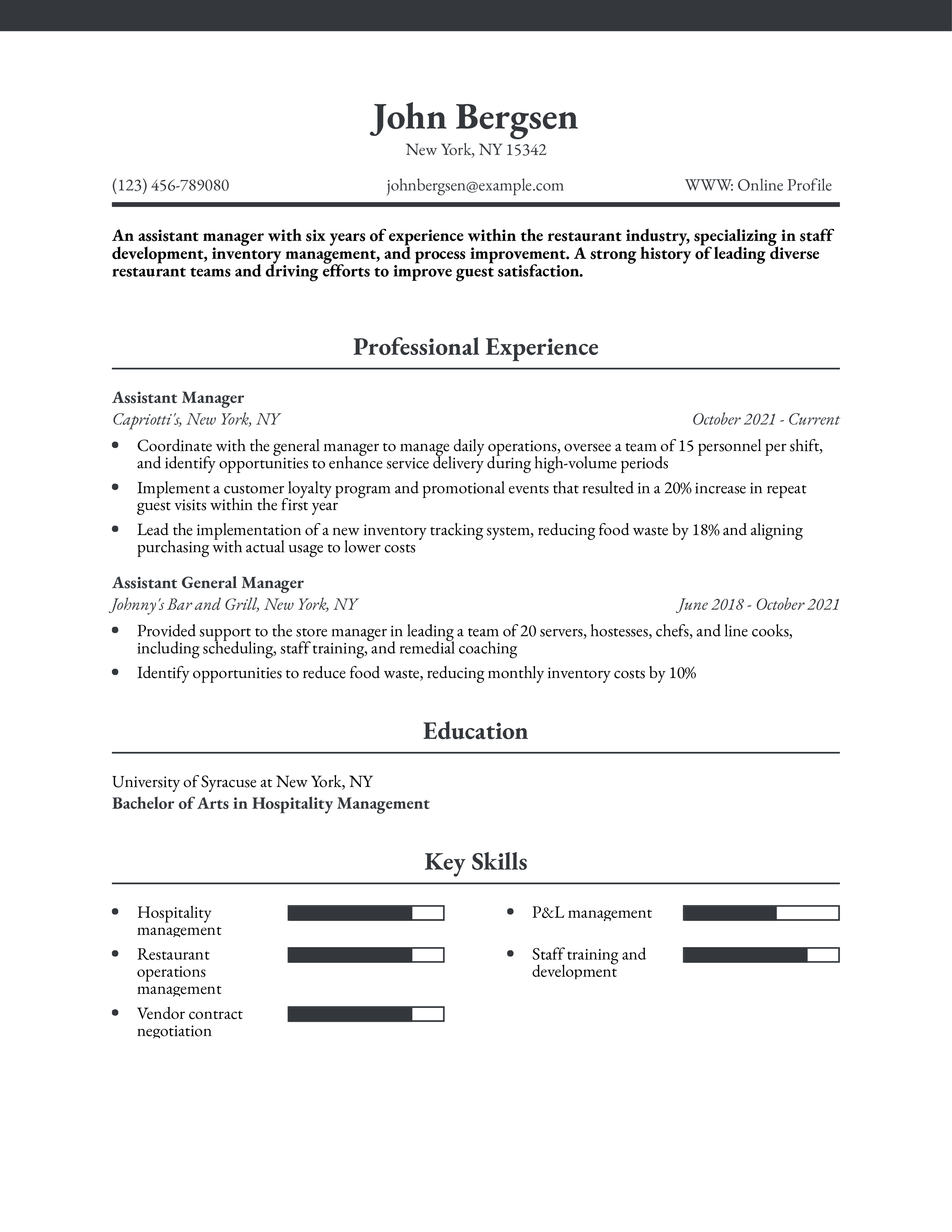 Assistant Restaurant Manager Resume Example