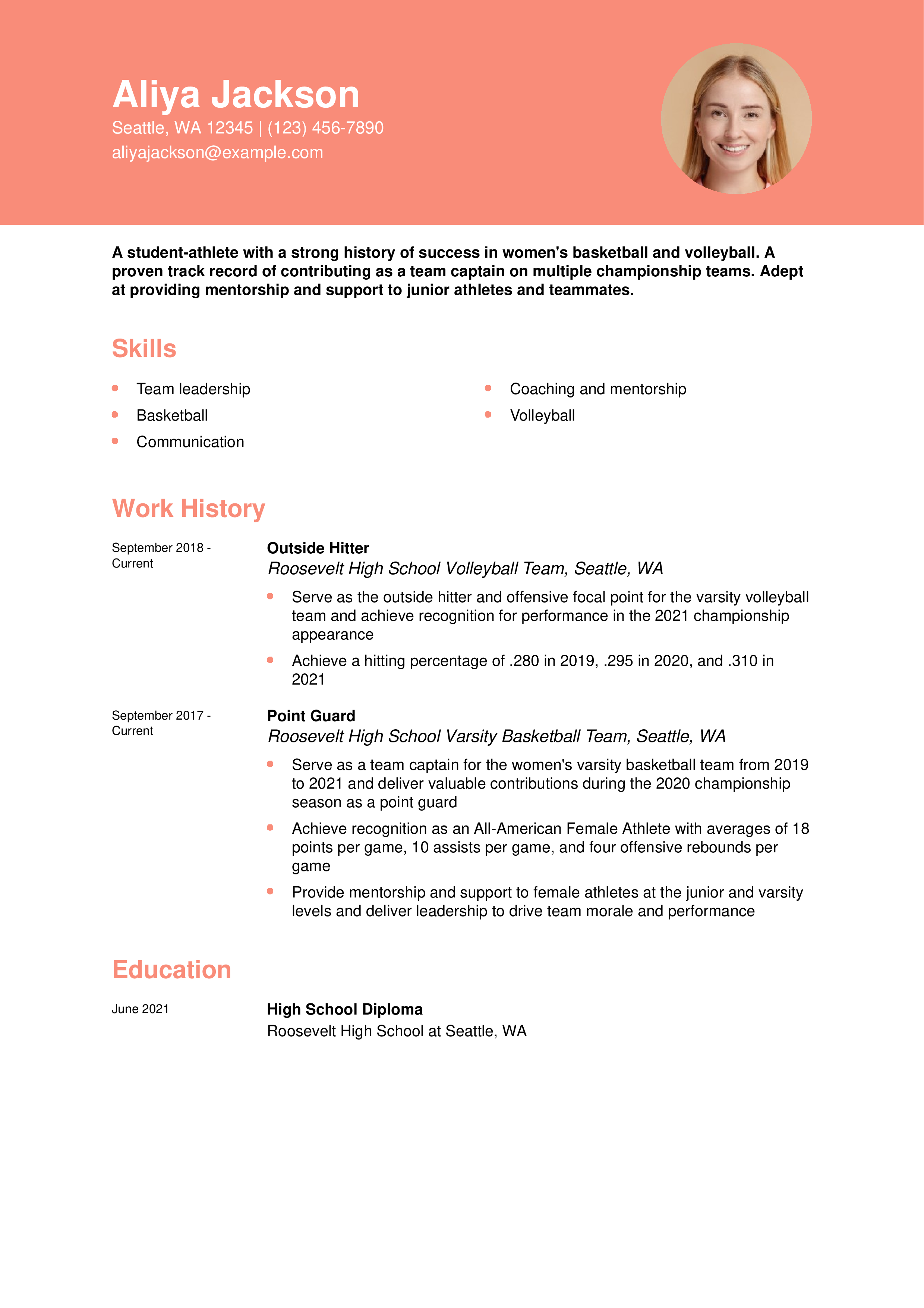 Athletes and Sports Resume Example