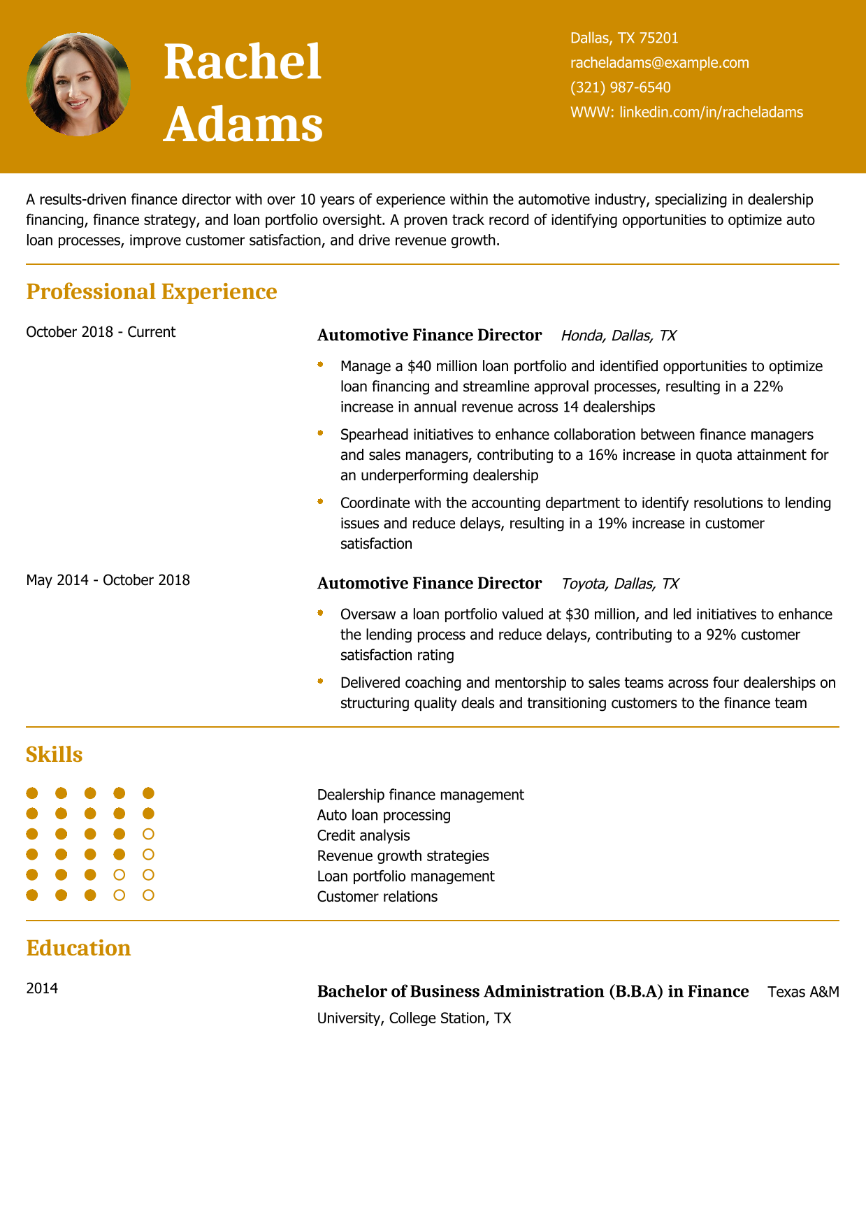 Automotive Finance Director Resume Example