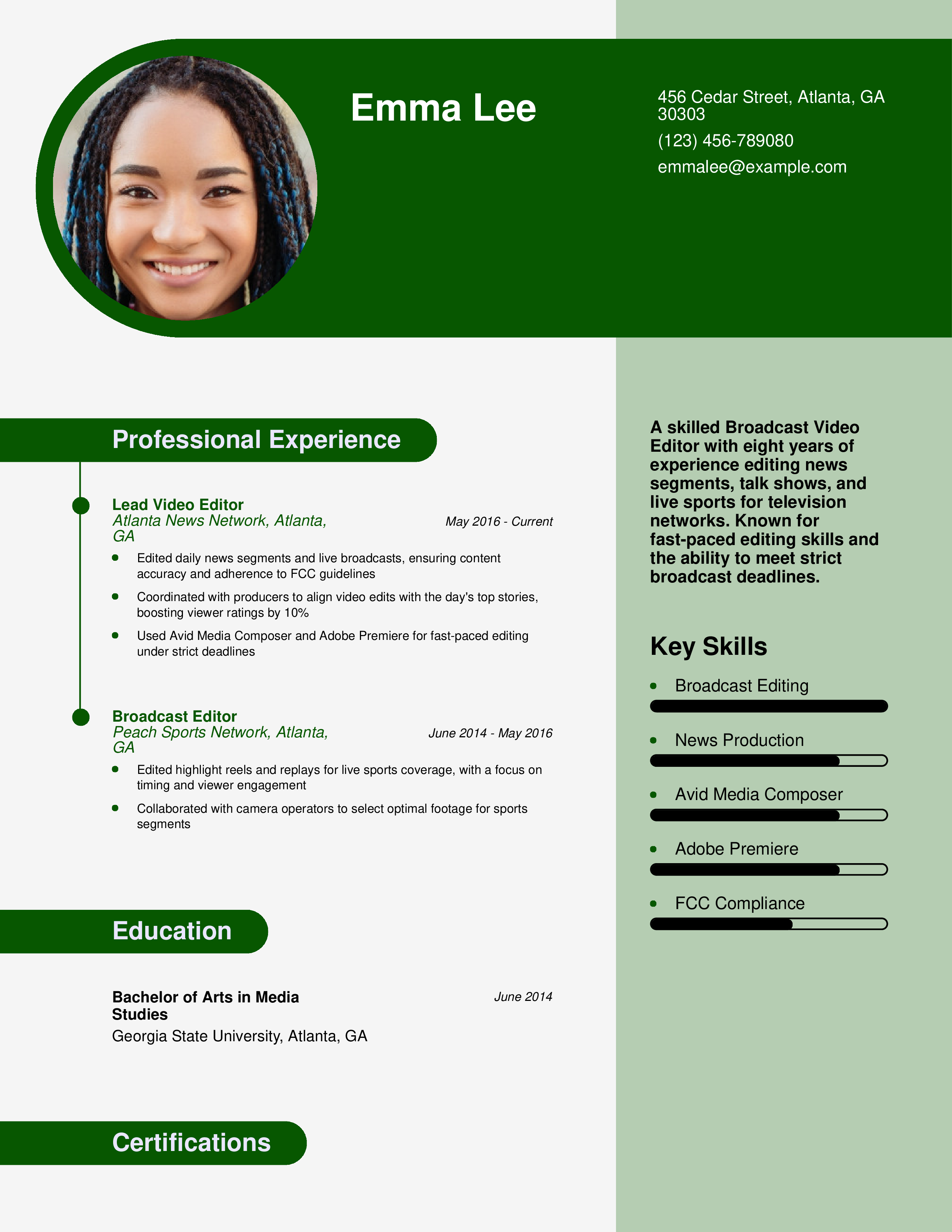 Broadcast Video Editor Resume Example