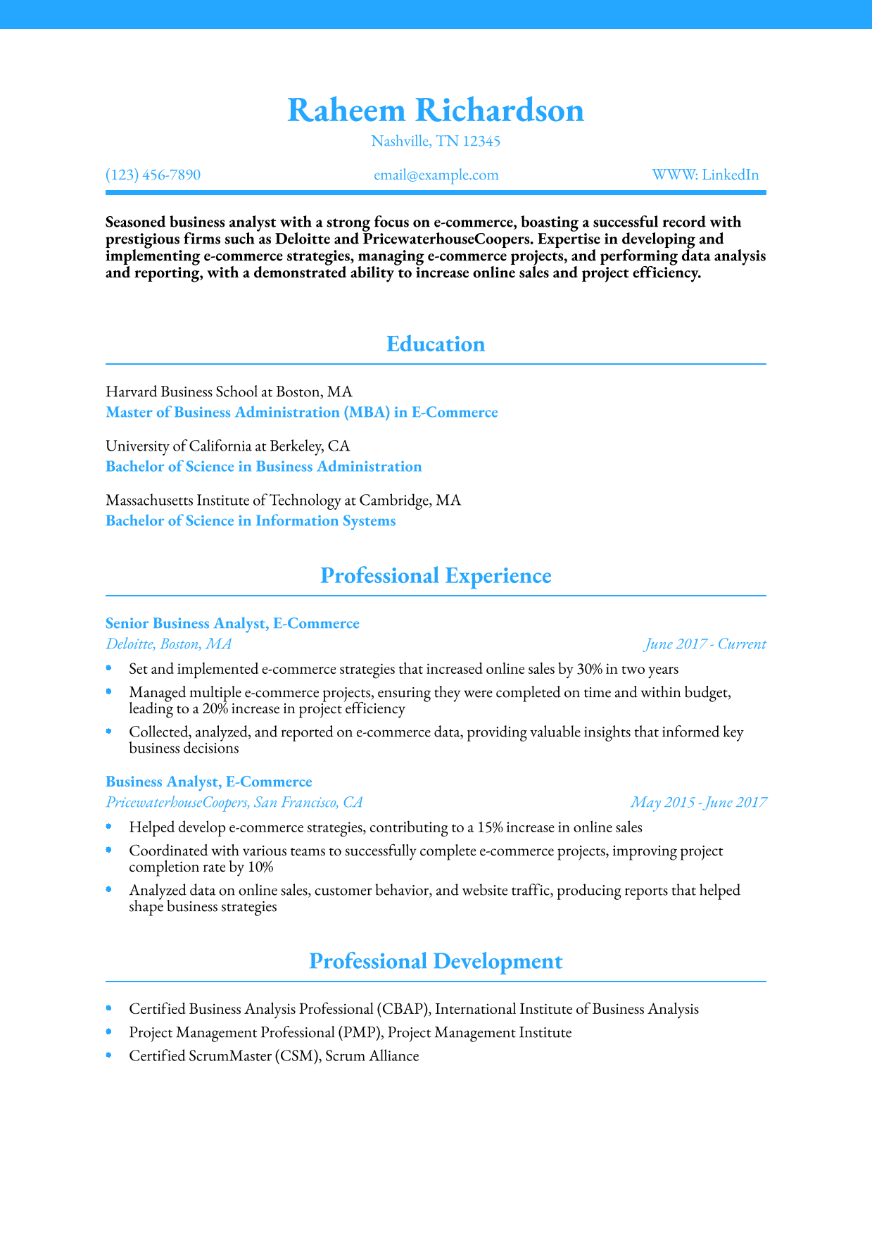 Business Analyst E-commerce Resume Example