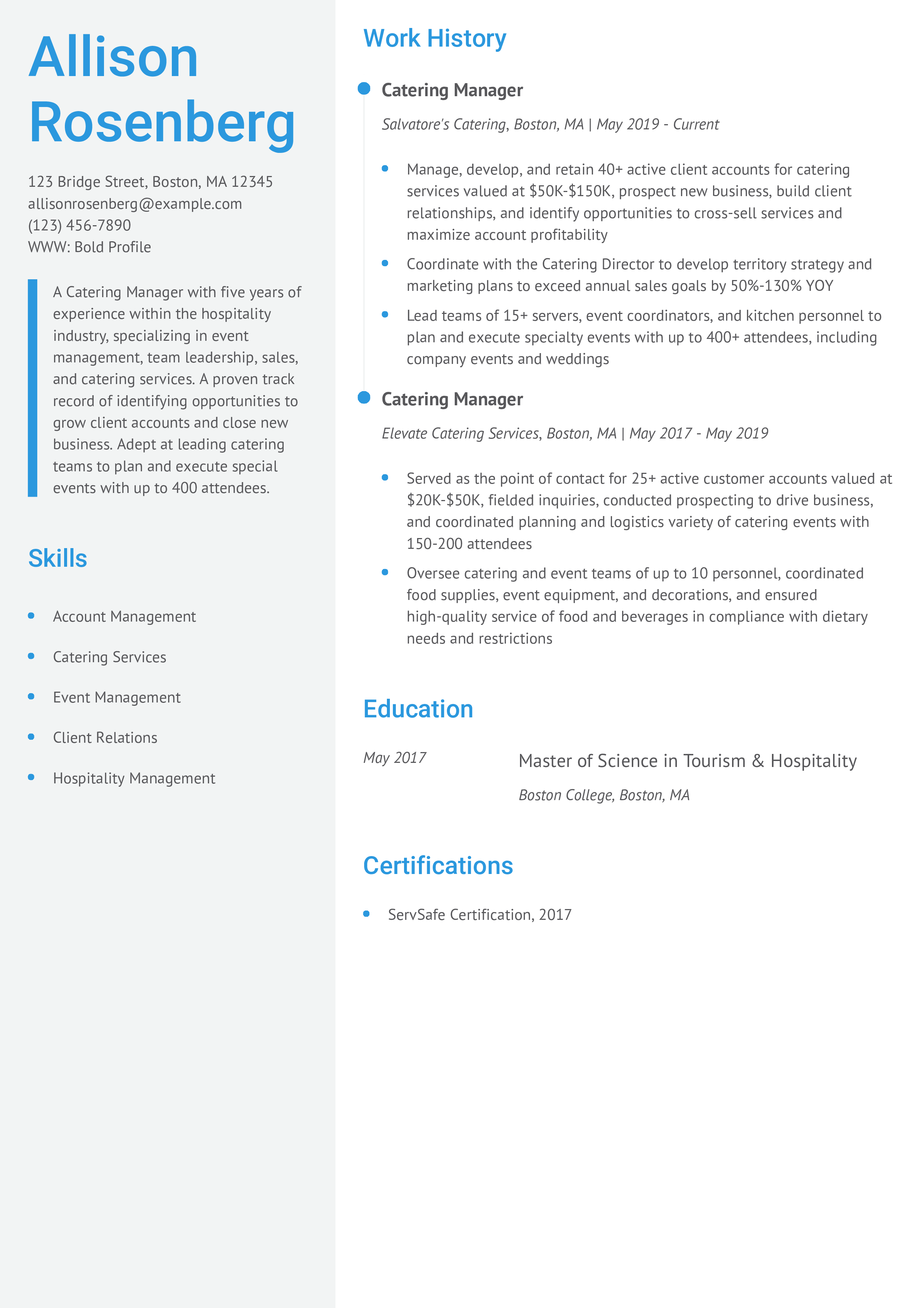 Senior Catering Manager Resume Example