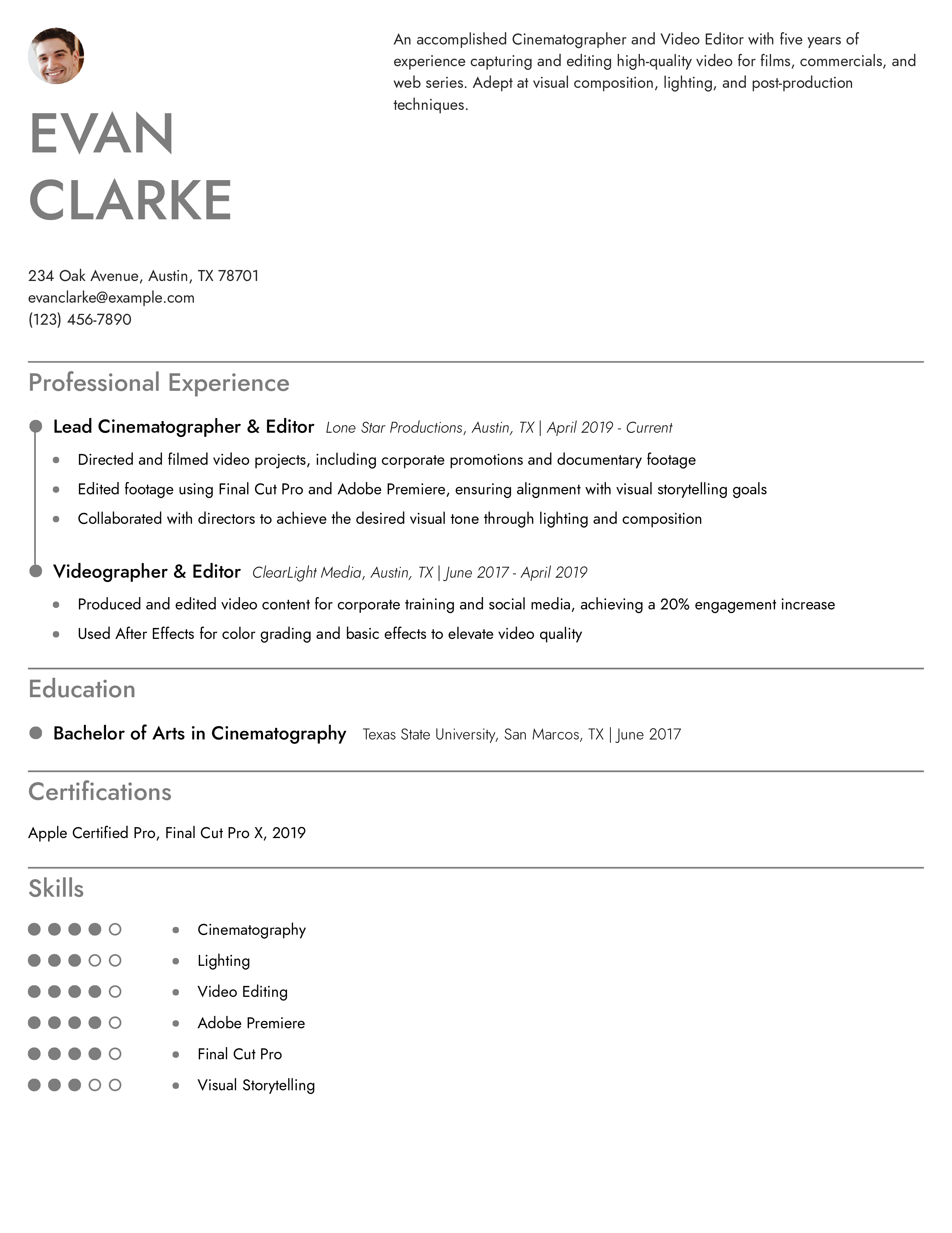 Cinematographer and Video Editor Resume Example