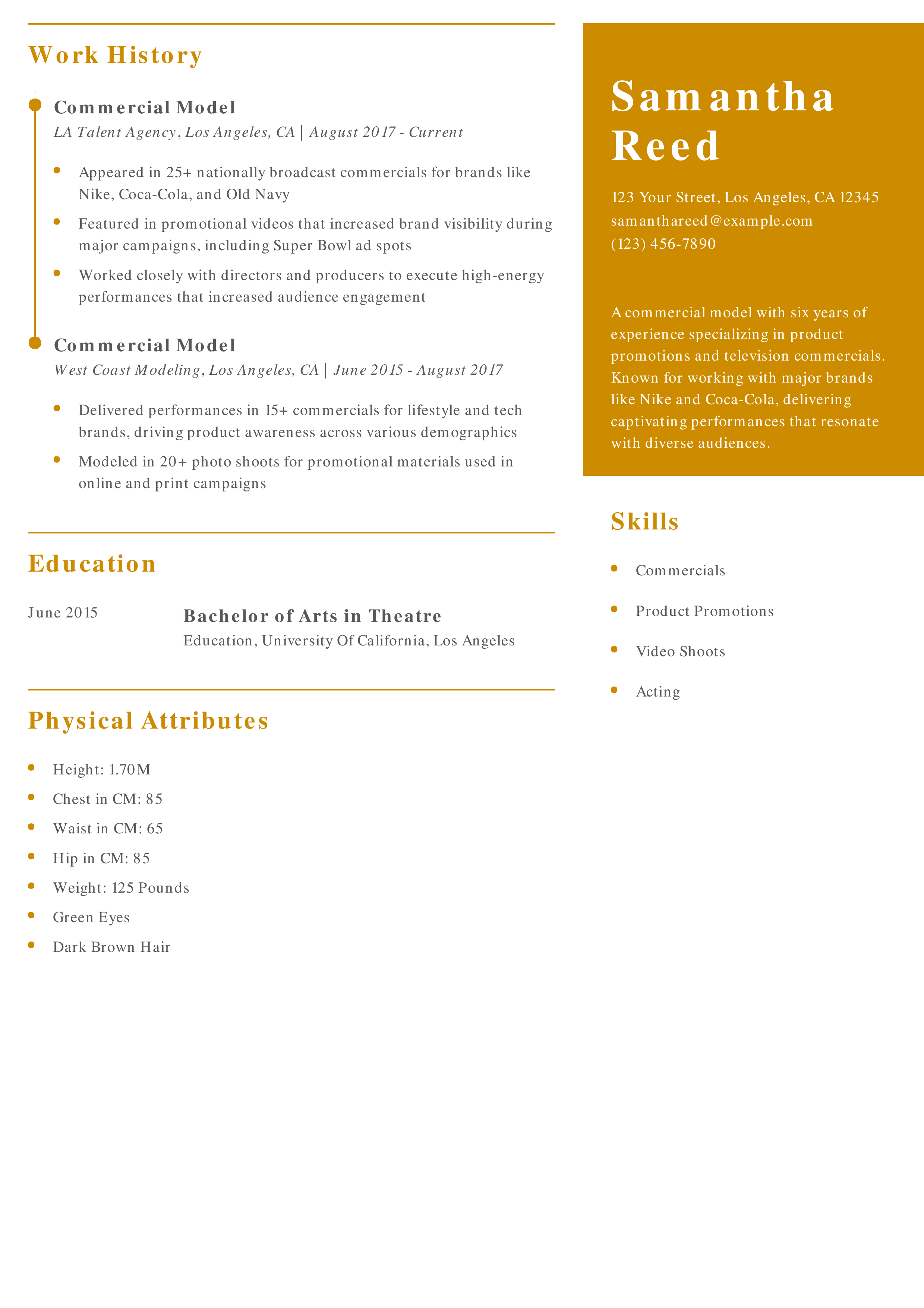 Commercial Model Resume Example