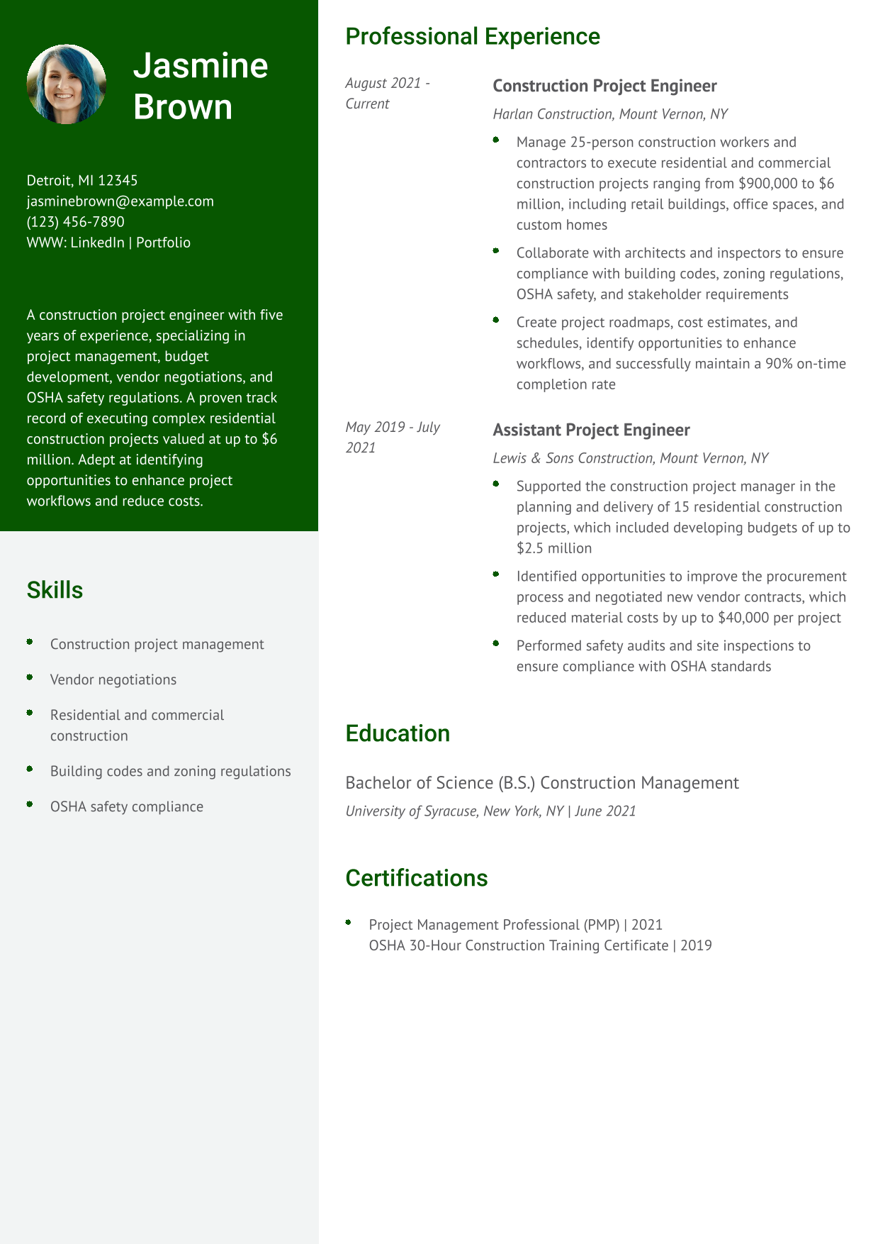 Construction Project Engineer Resume Example