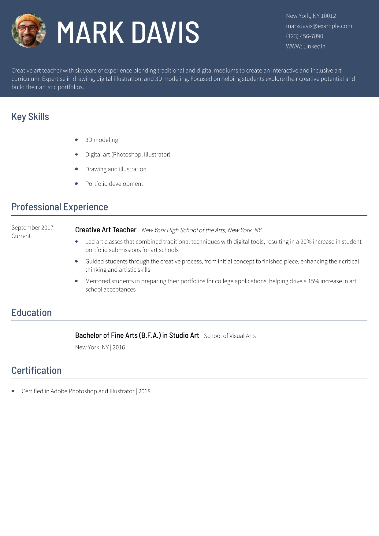 Creative Art Teacher Resume Example