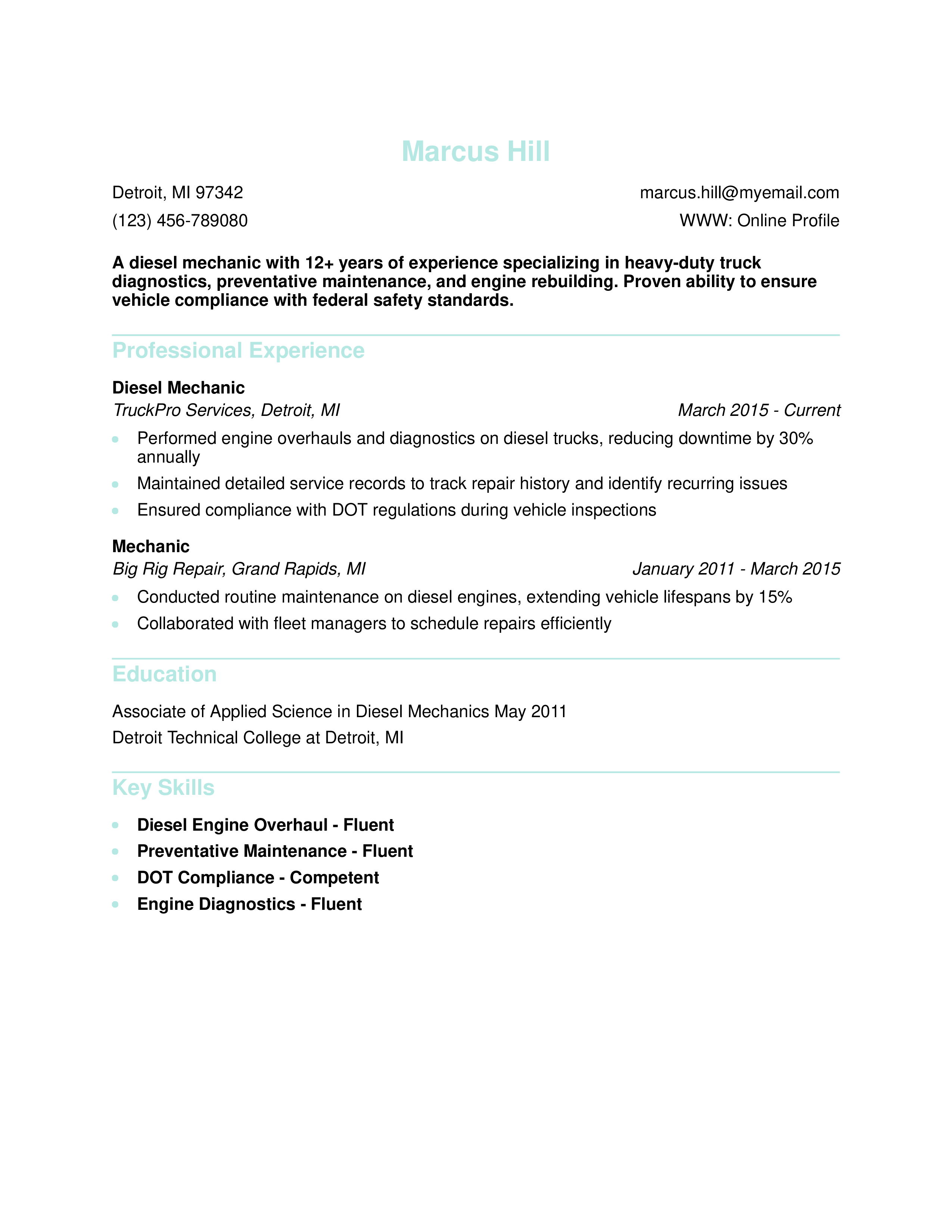Diesel Mechanic Resume Example