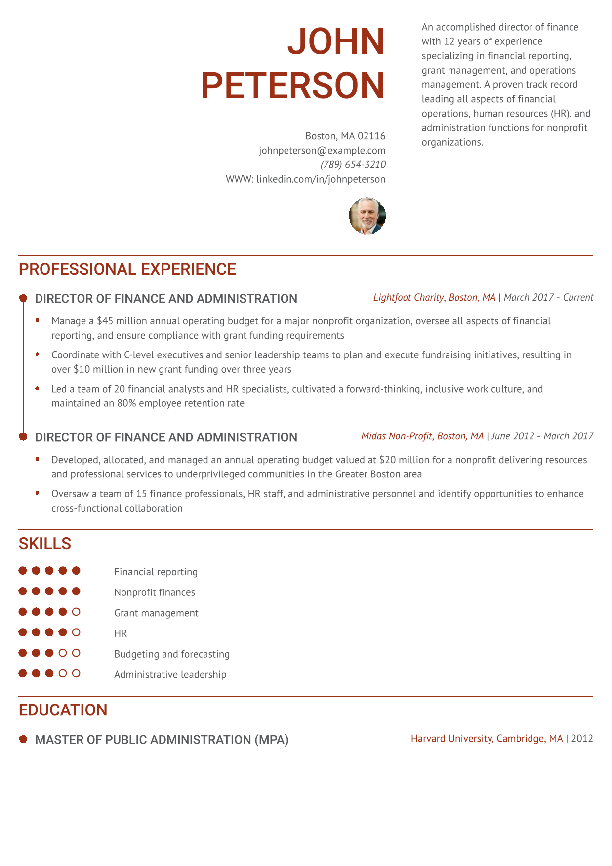 Director of Finance and Administration Resume Example