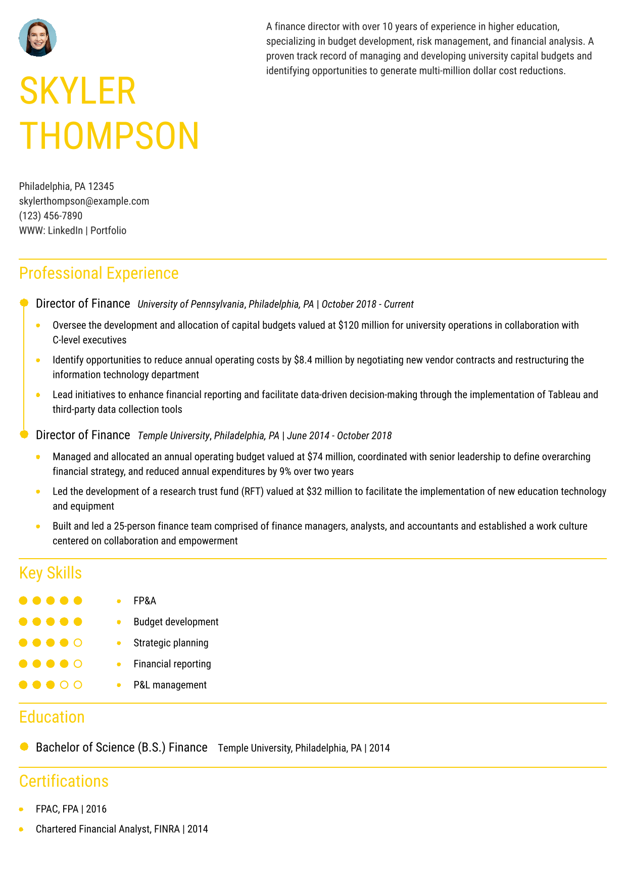 Director of Finance Resume Example