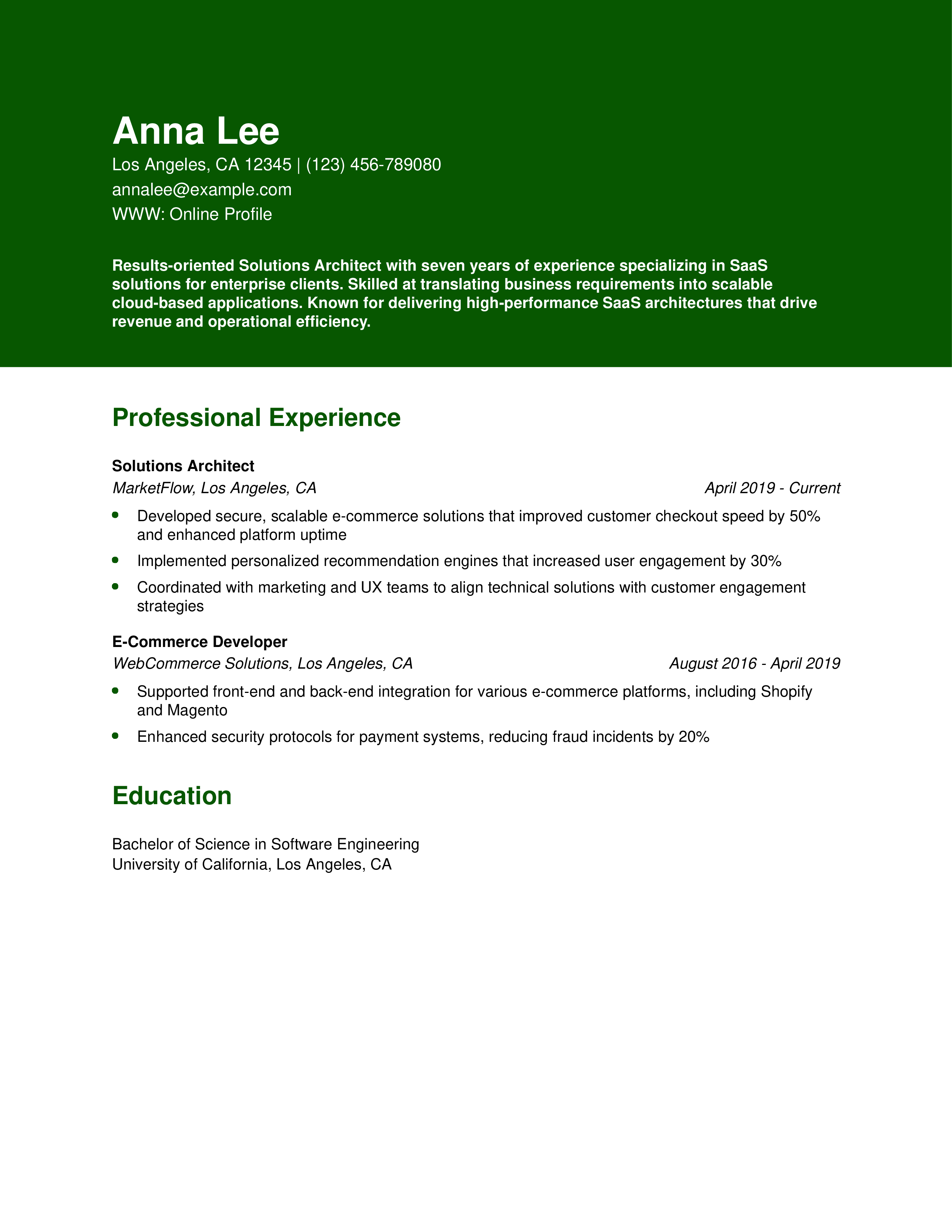 E-Commerce Solutions Architect Resume Example