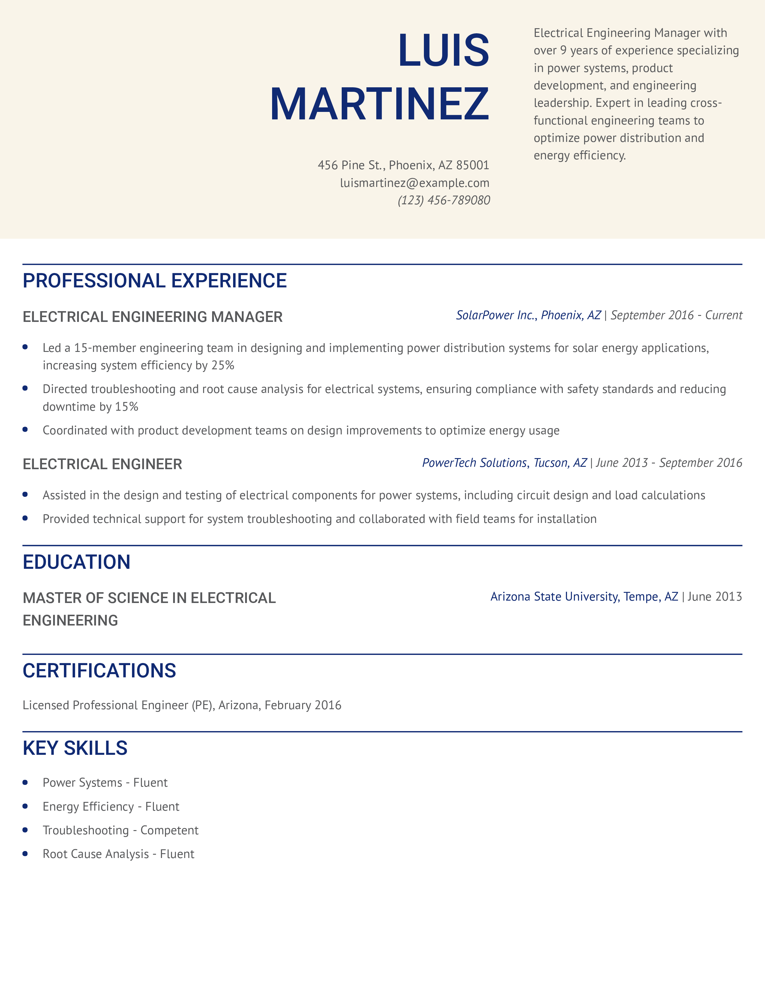 Electrical Engineering Manager Resume Example