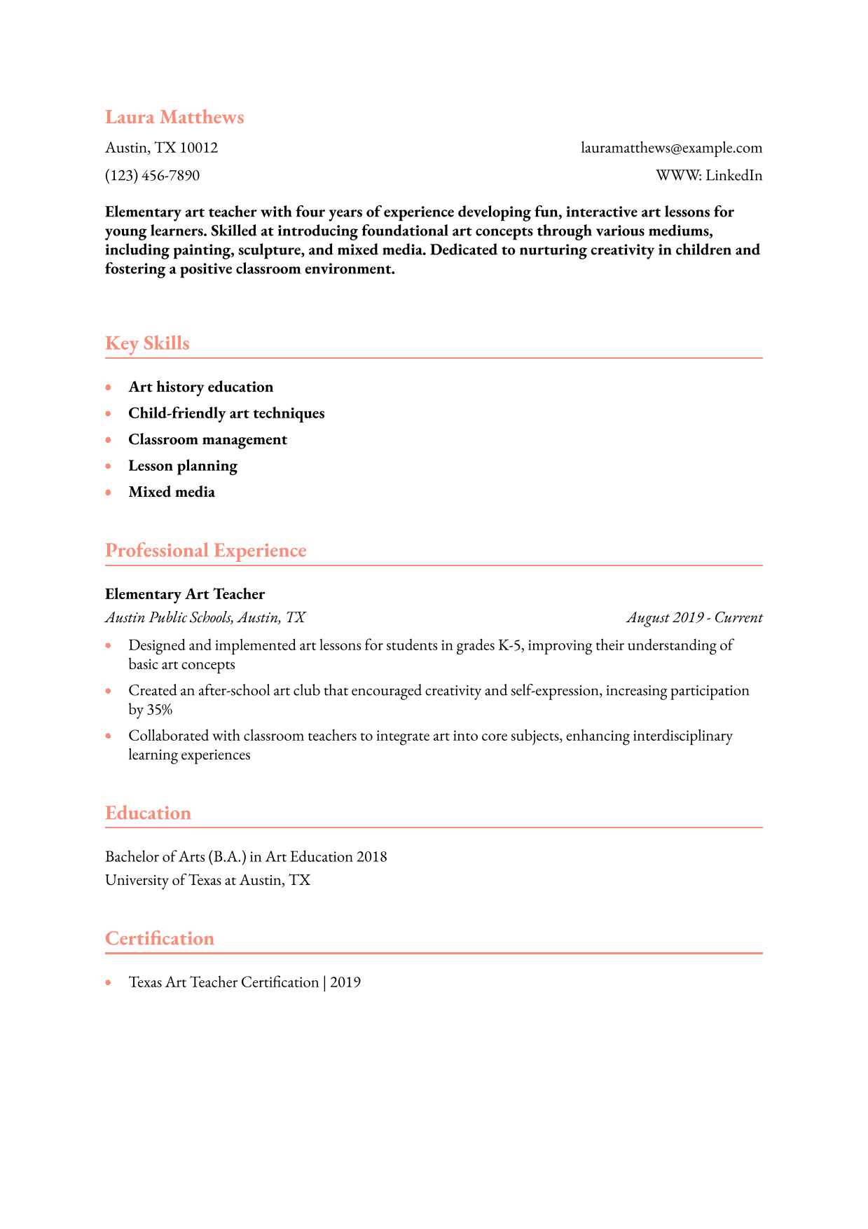 Elementary Art Teacher Resume Example