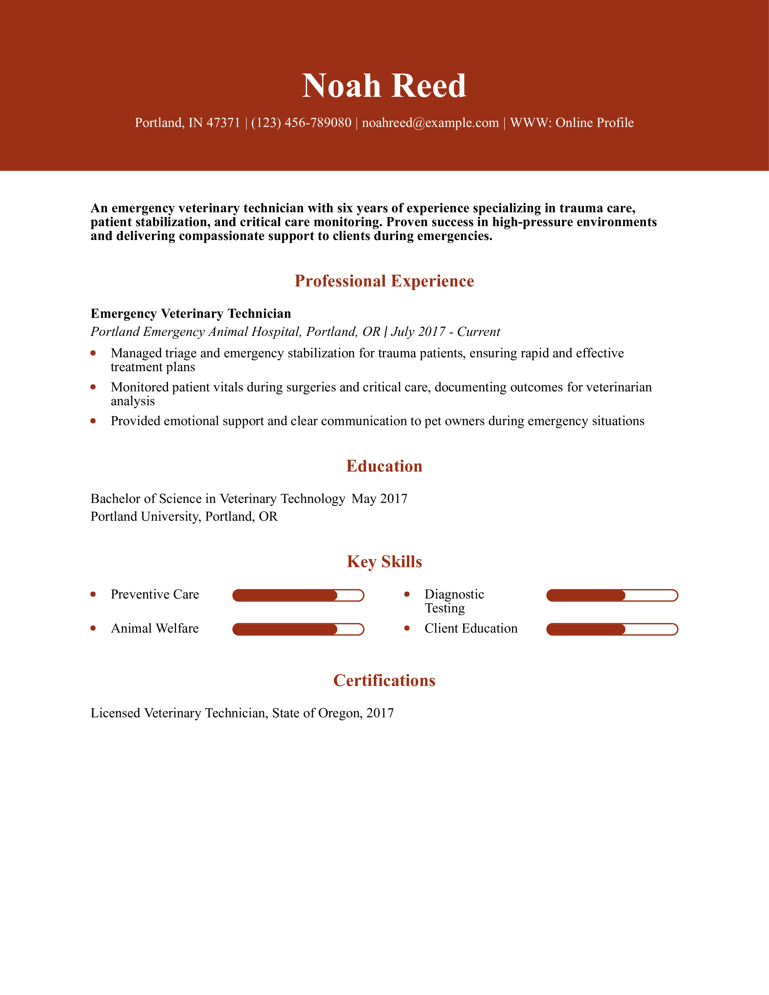 Emergency Veterinary Technician Resume Example