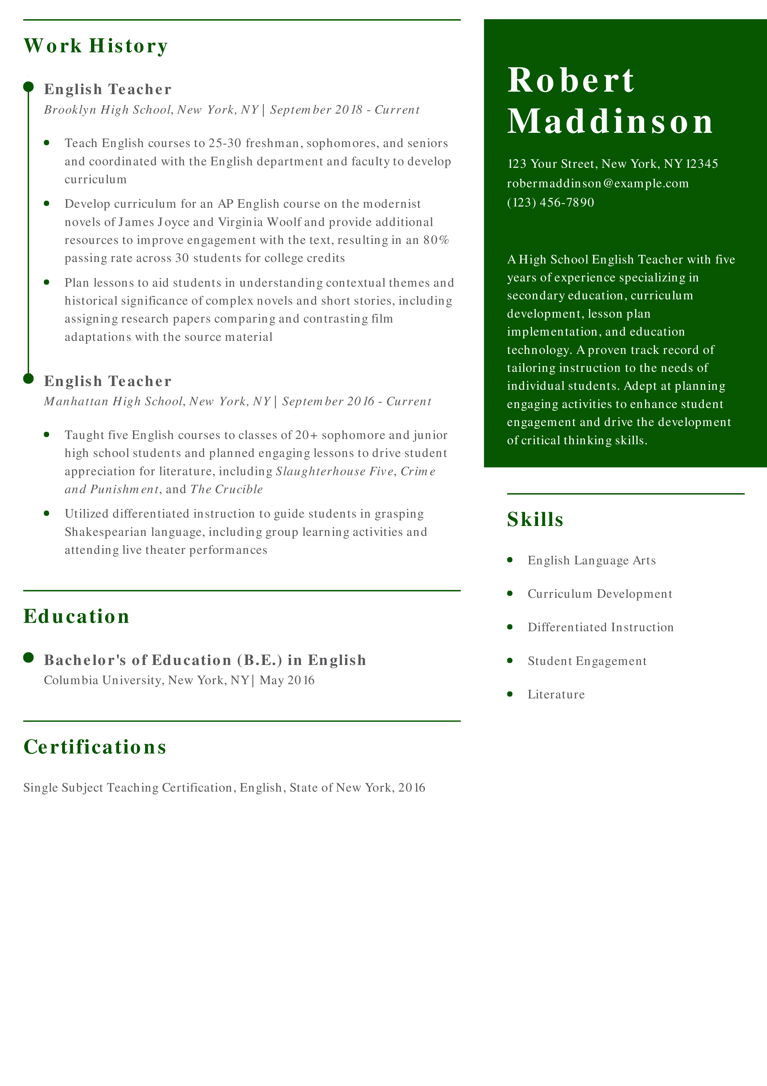 English Teacher Resume Example