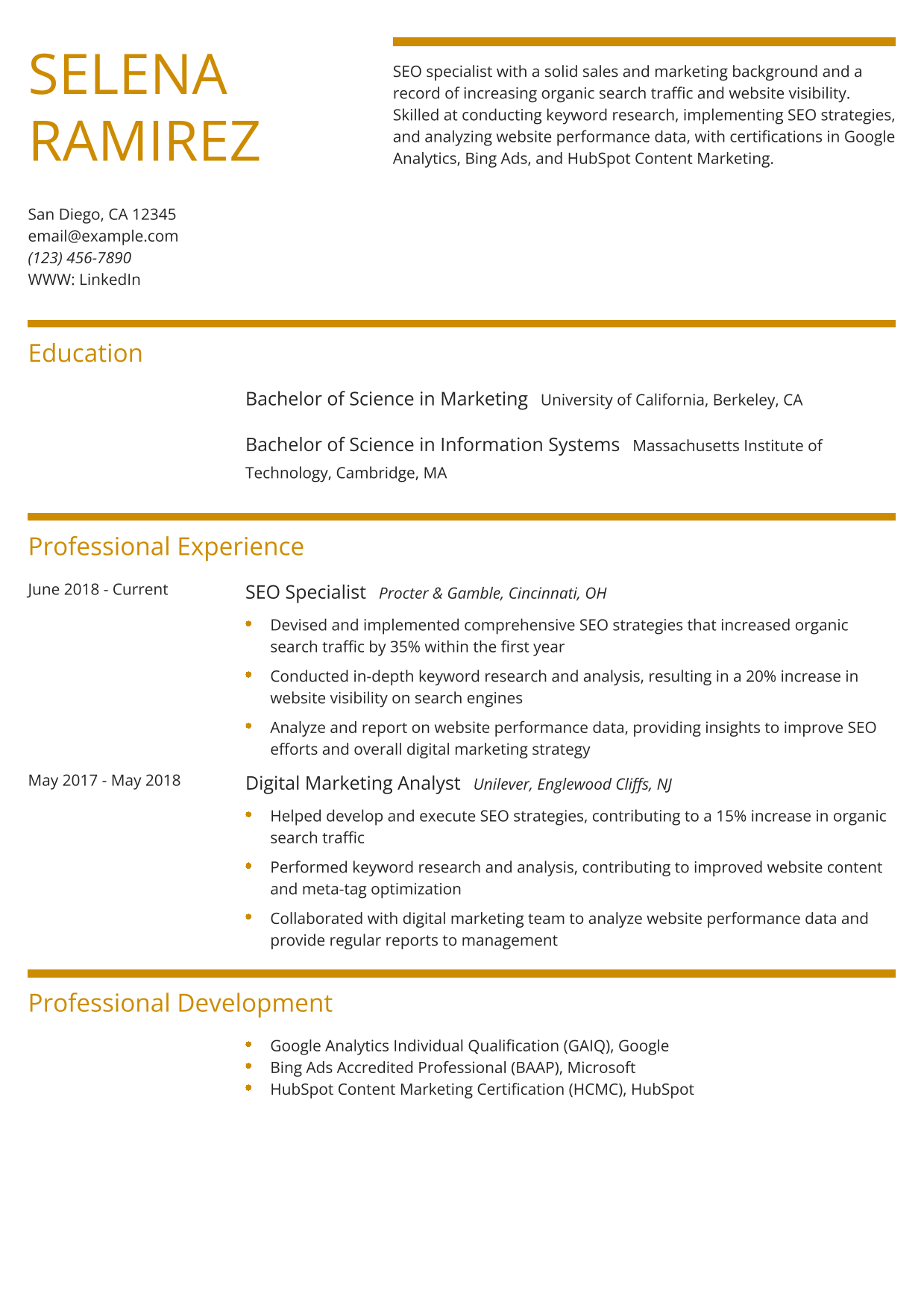 Entry-Level SEO Resume Example
