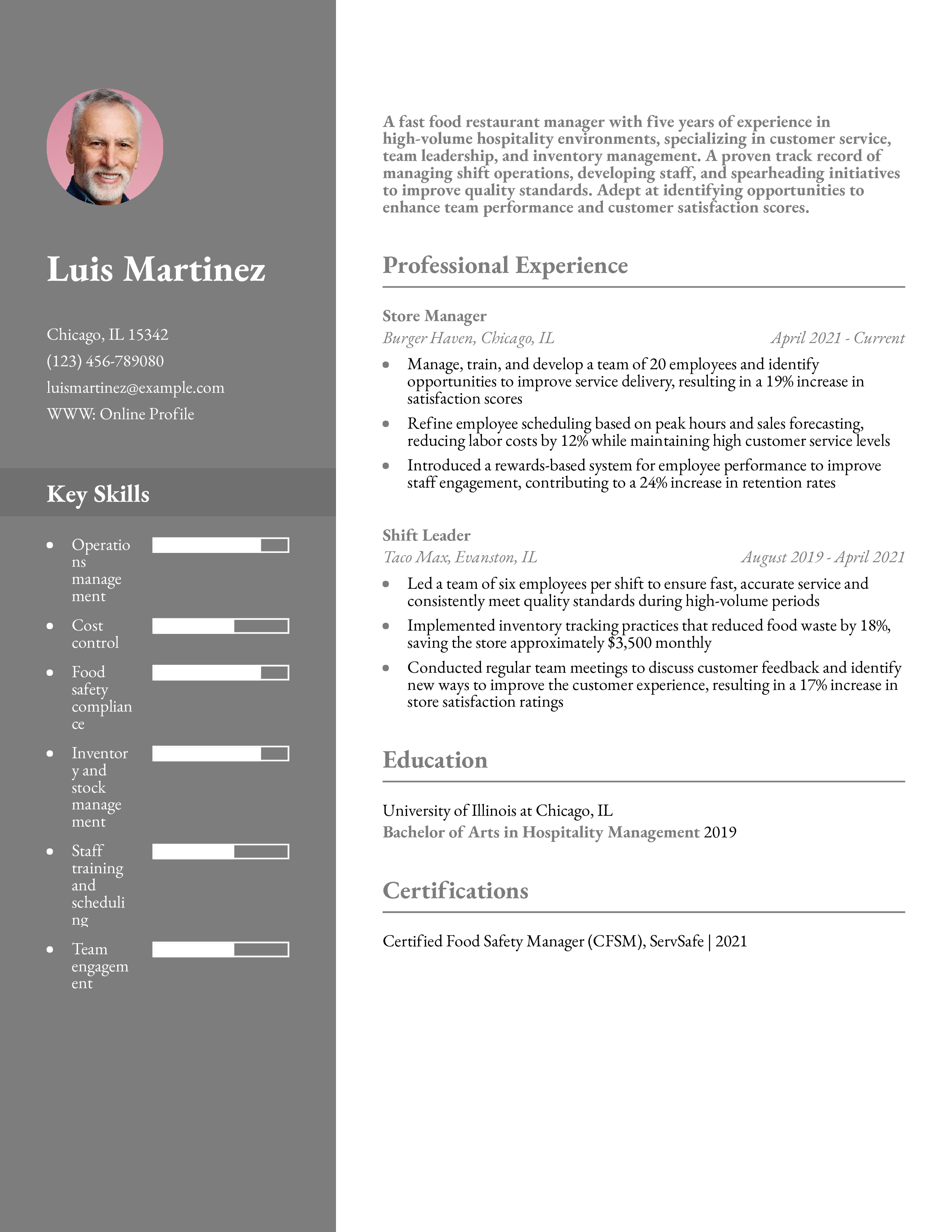 Fast Food Restaurant Manager Resume Example
