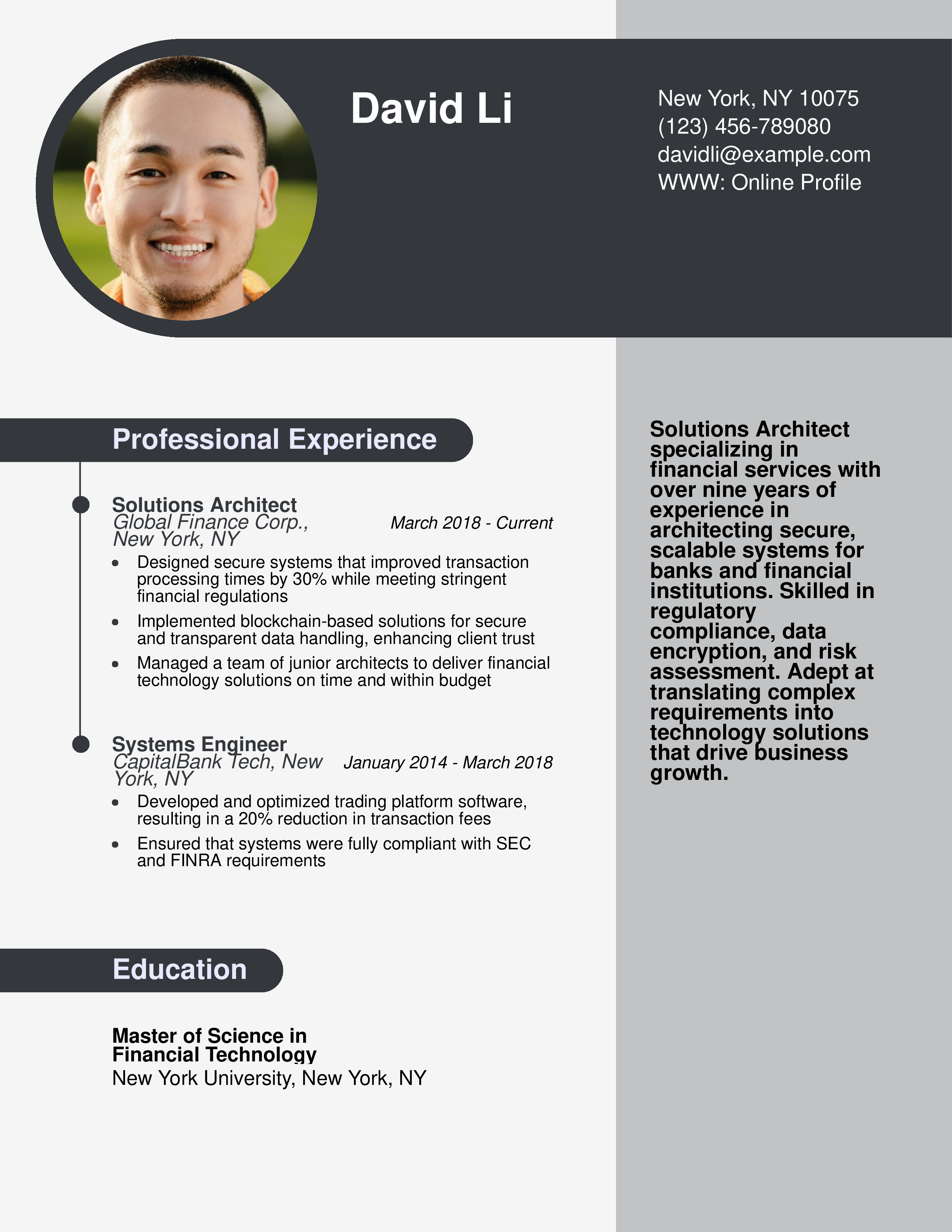 Financial Services Solutions Architect Resume Example