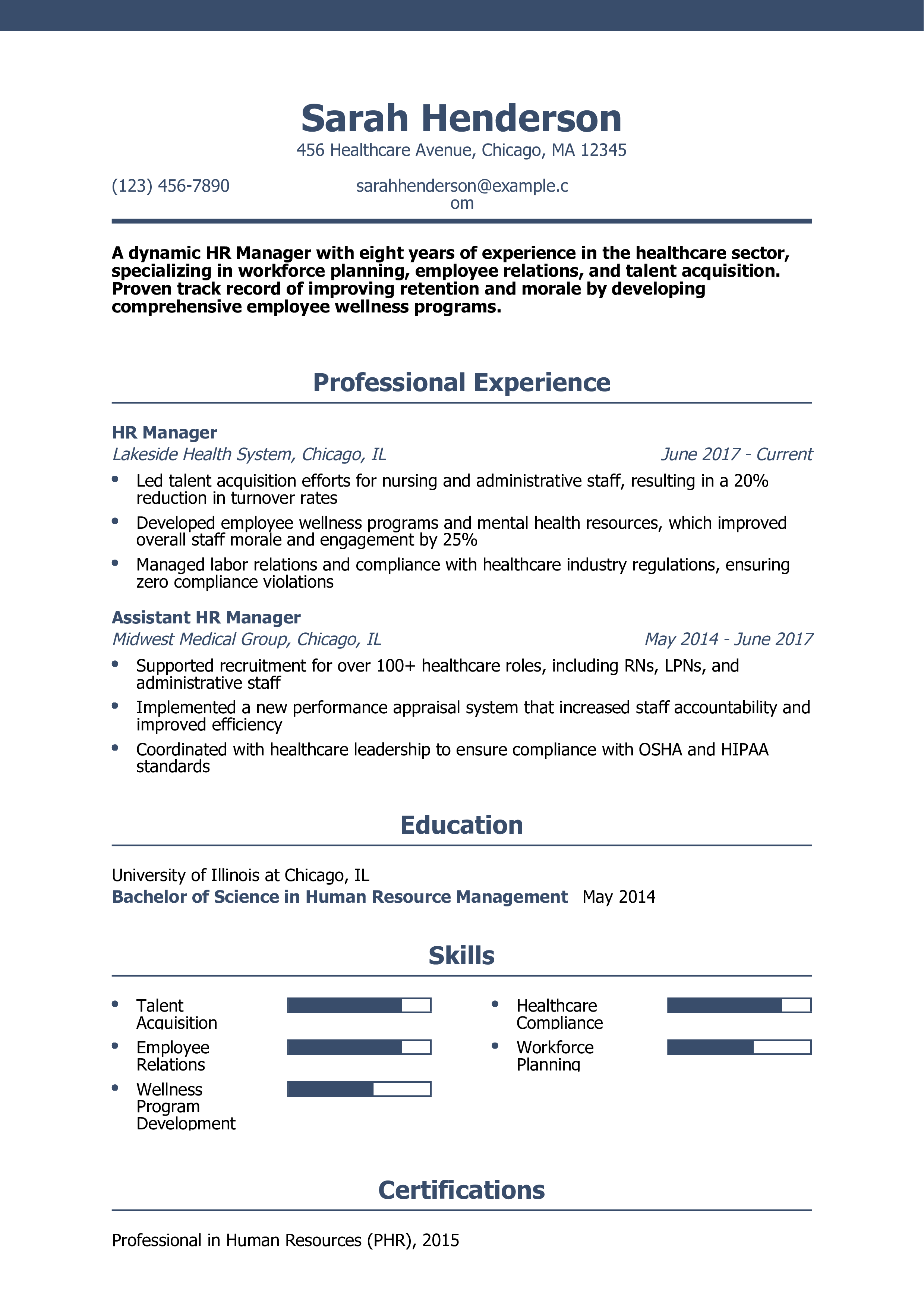 Healthcare HR Manager Resume