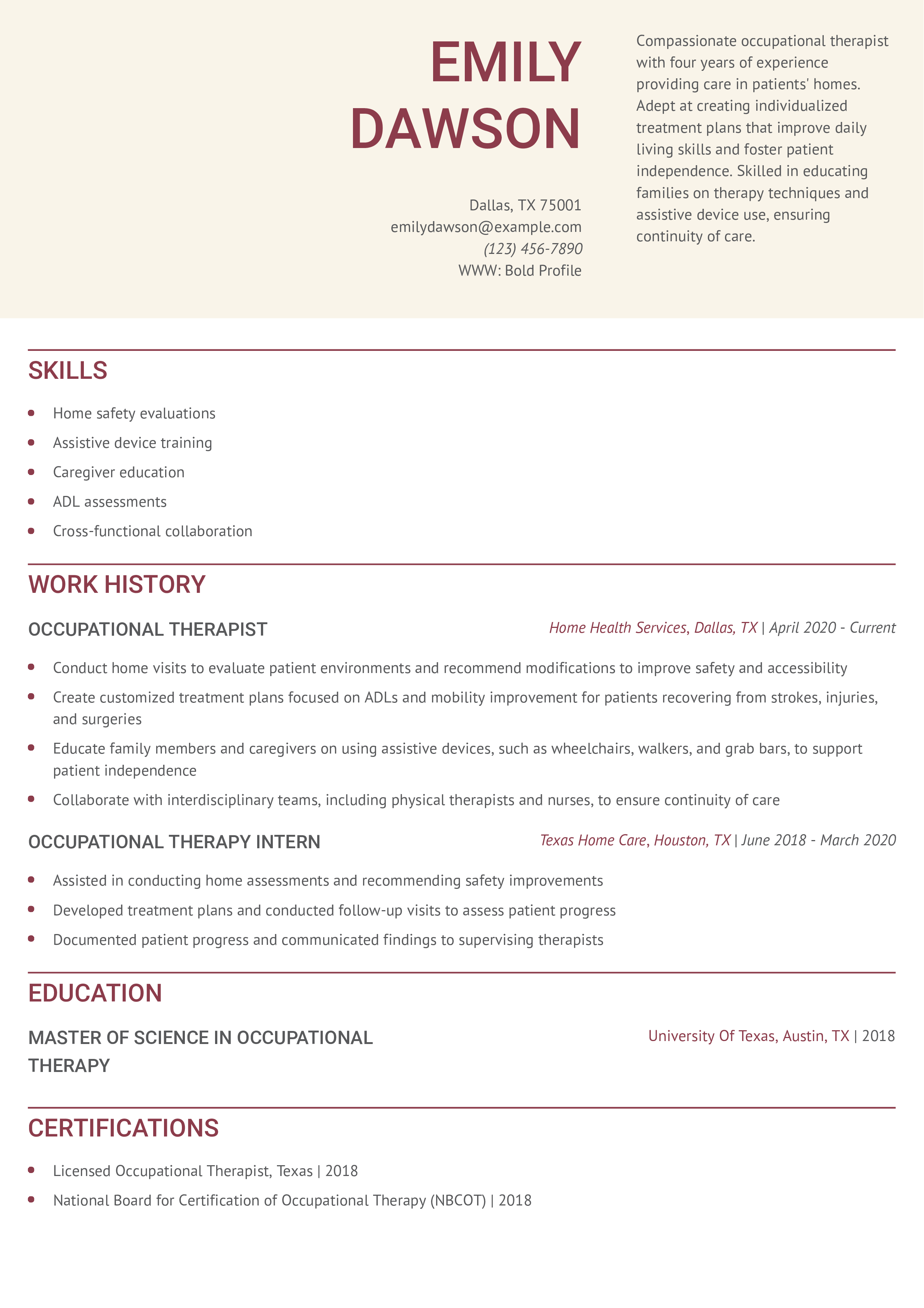 Home Health Occupational Therapist Resume Example