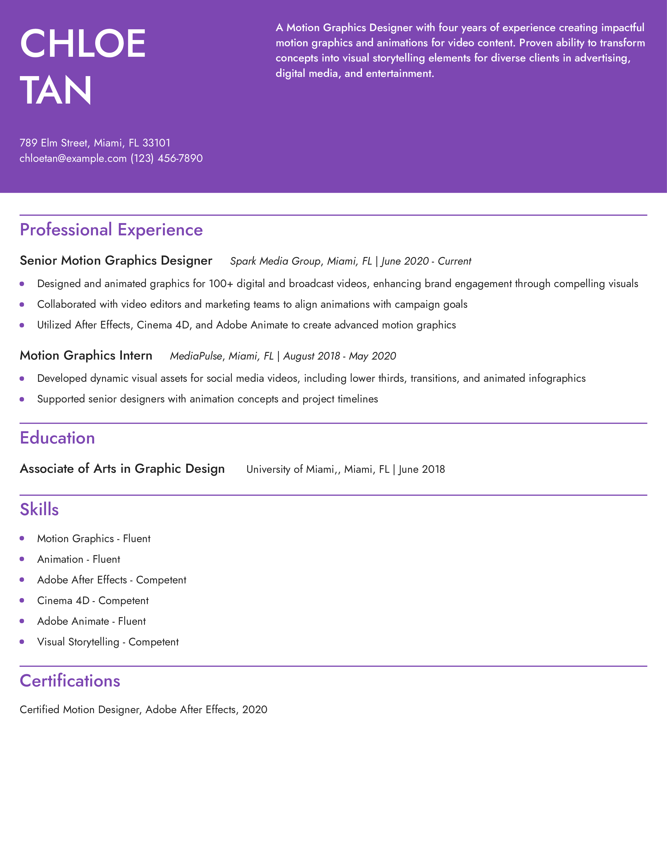 Motion Graphics Designer Resume Example