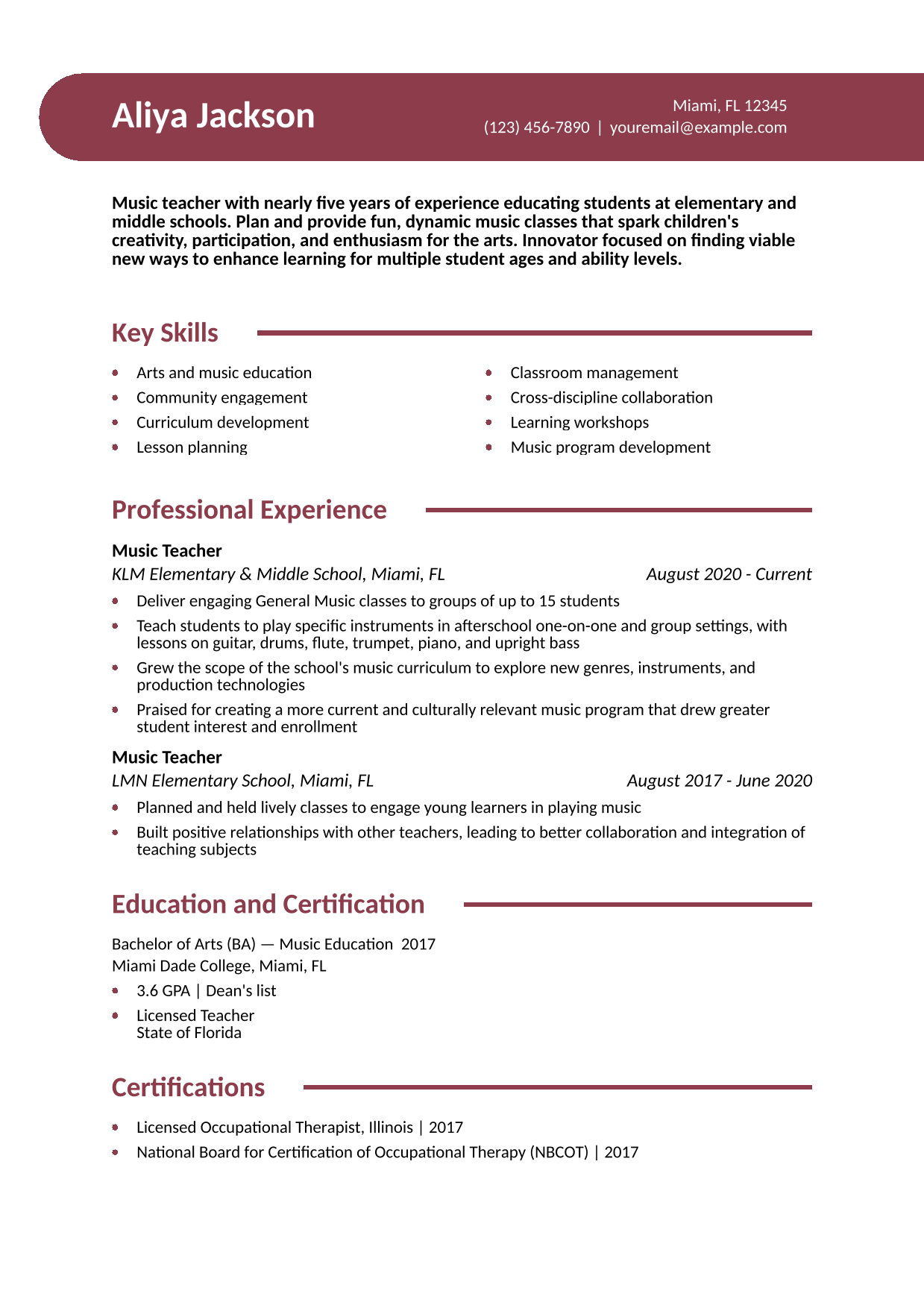 Music Teacher Resume Example