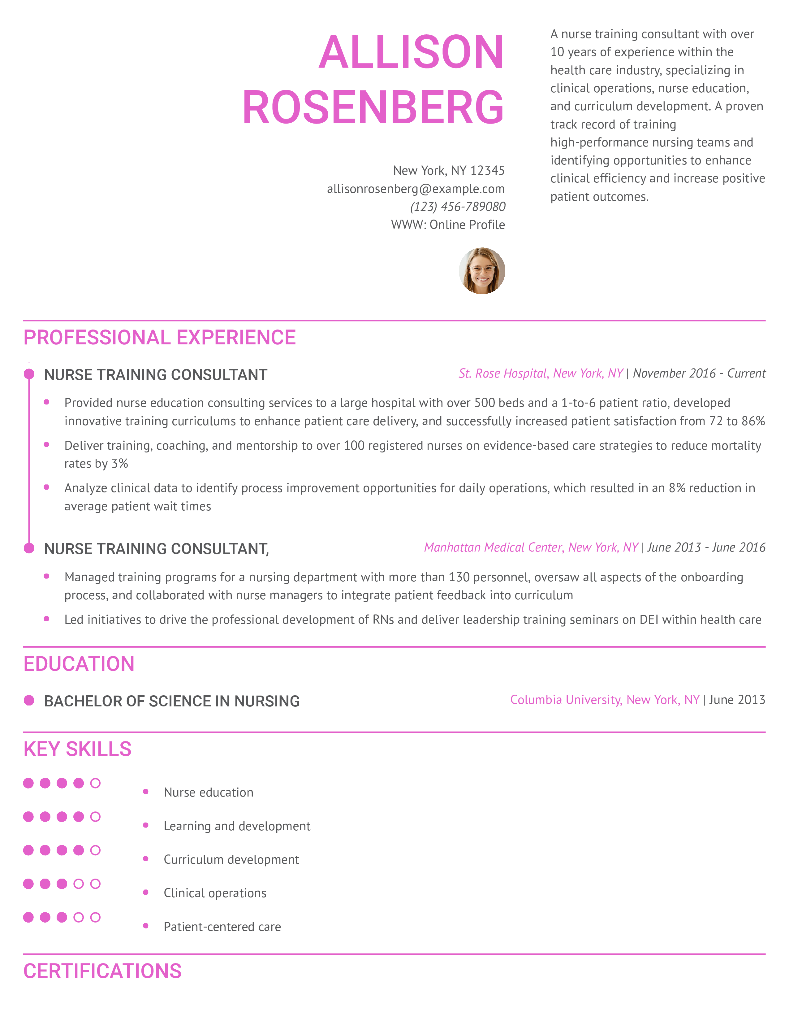 Nurse Training Consultant Resume Example