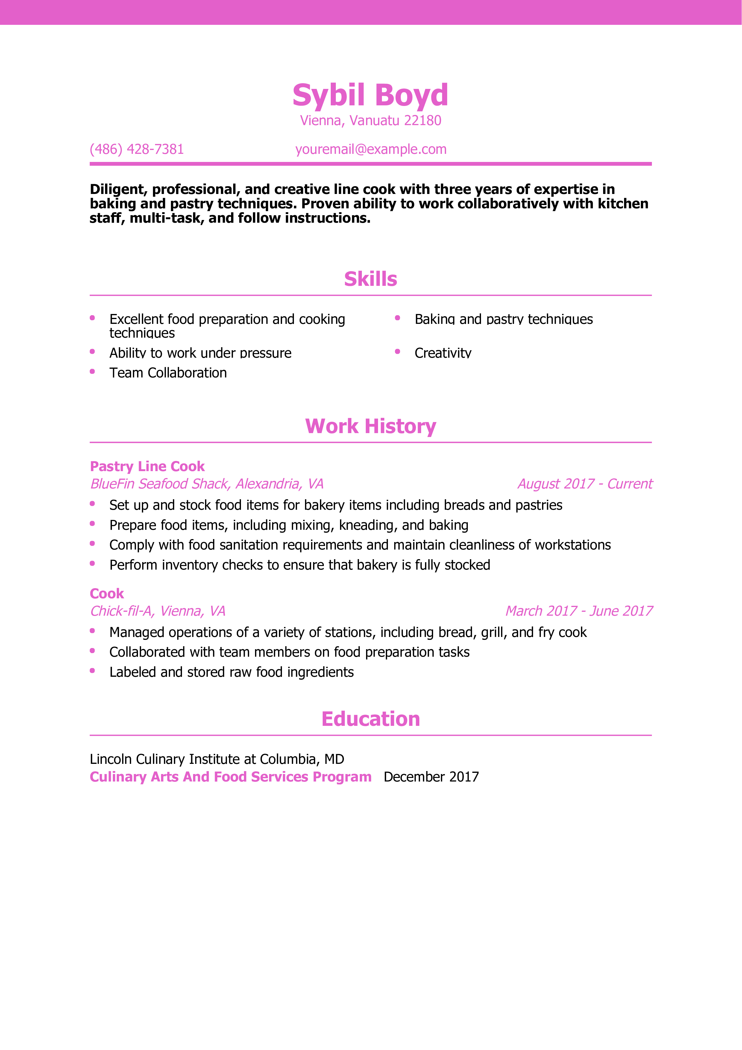 Pastry Line Cook Resume Example