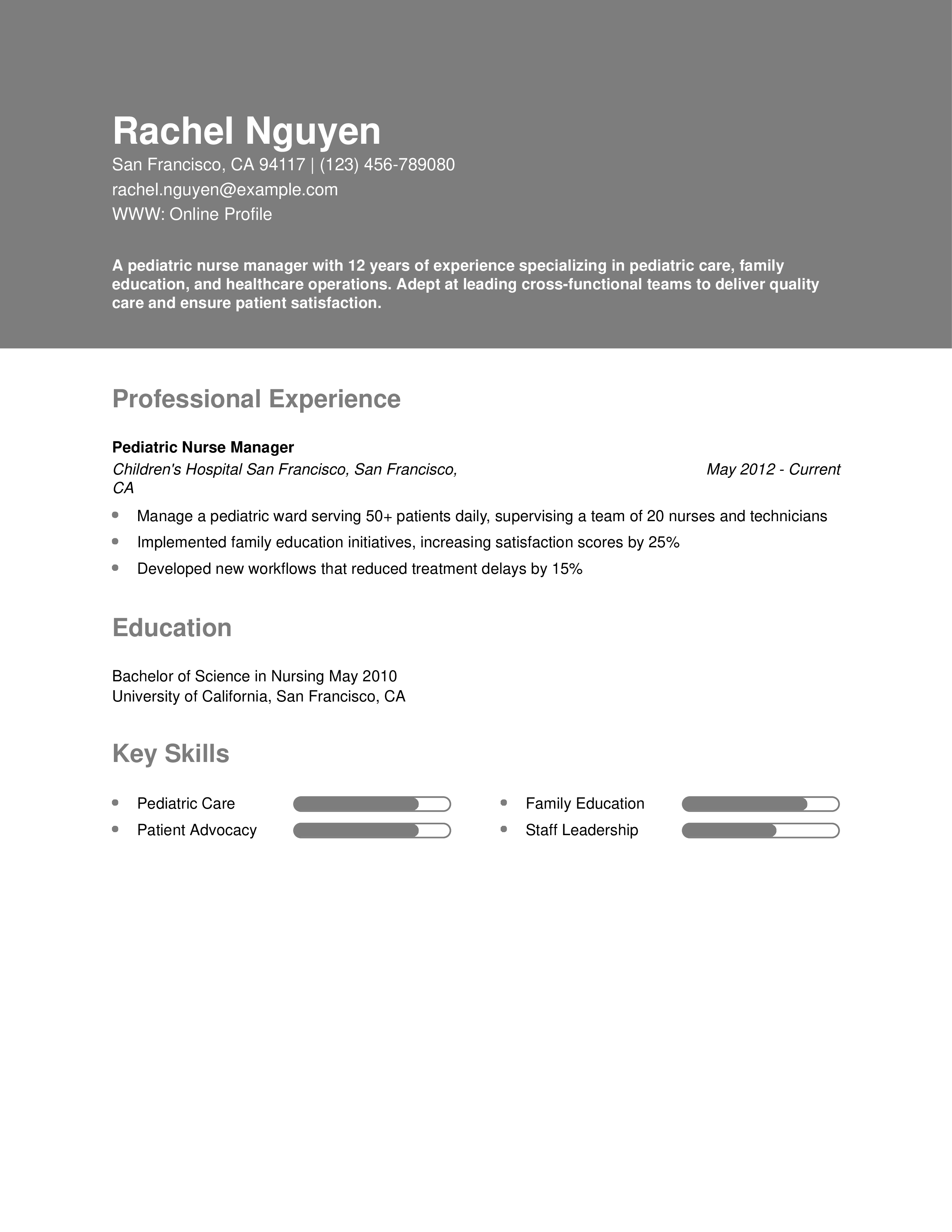 Pediatric Nurse Manager Resume Example