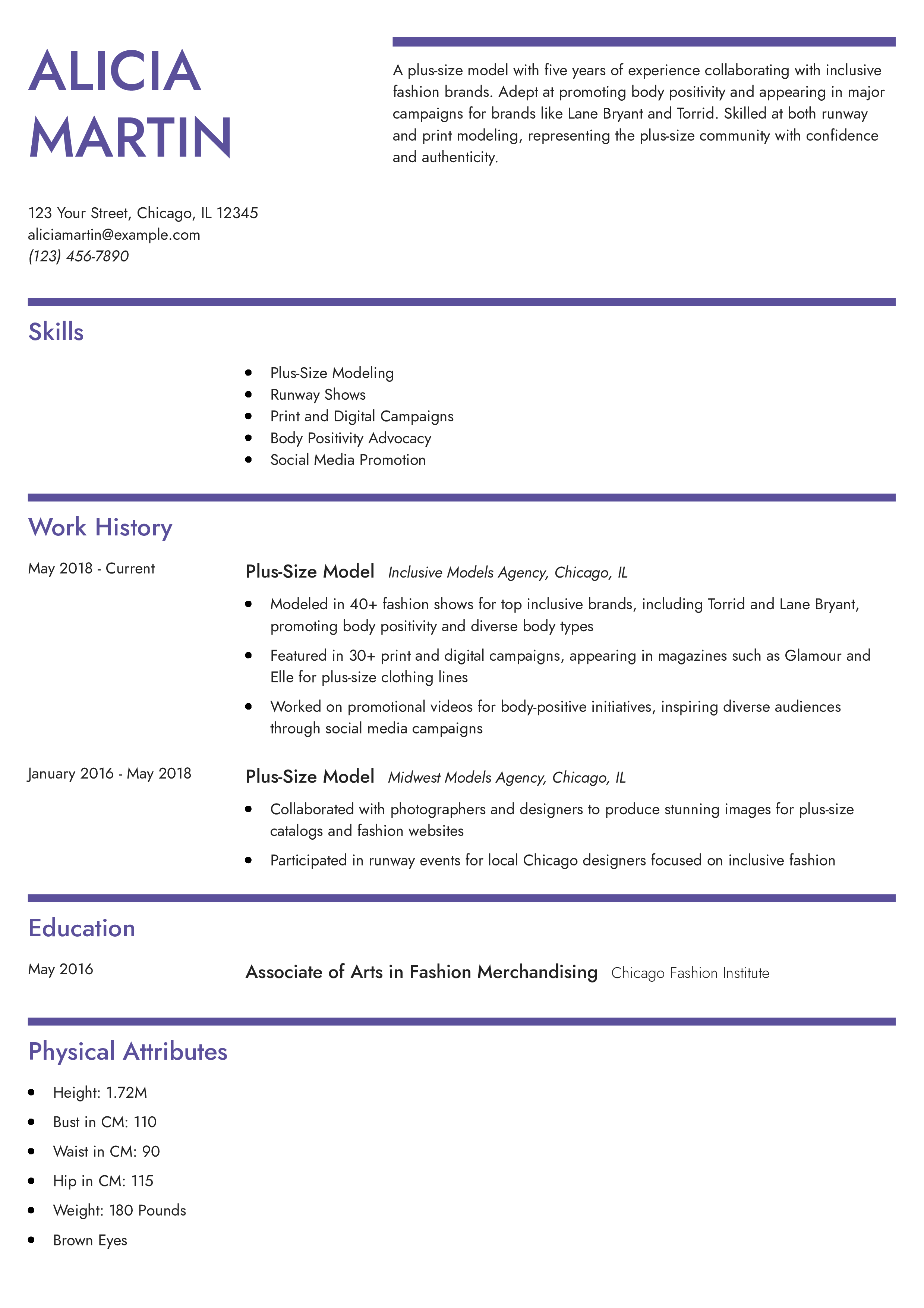 Plus-Size Model Resume Example
