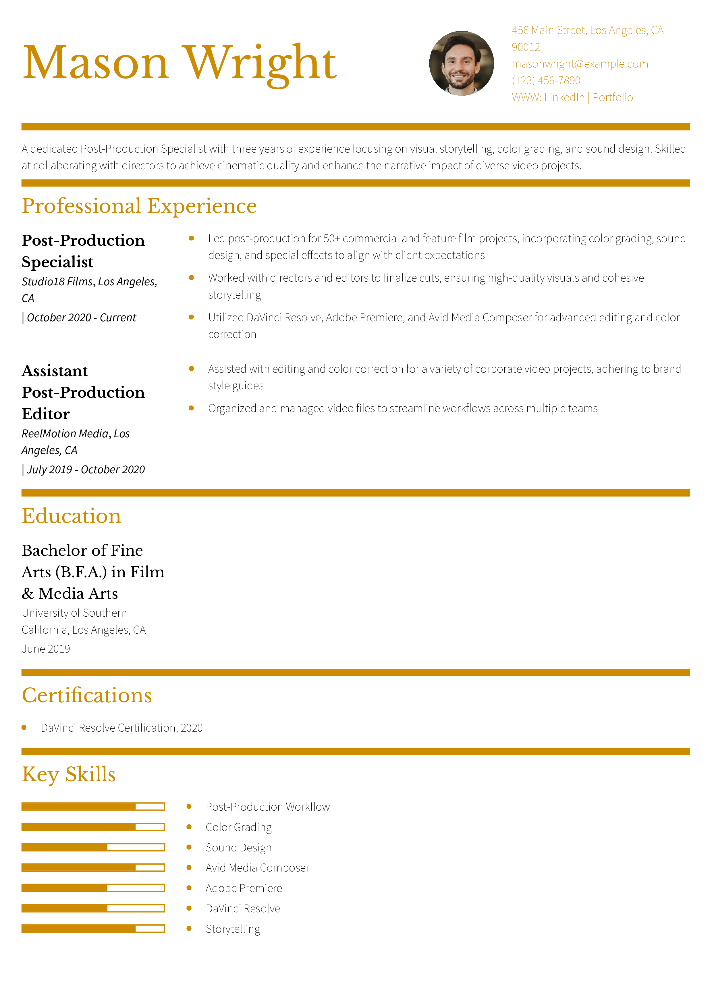 Post-Production Specialist Resume Example