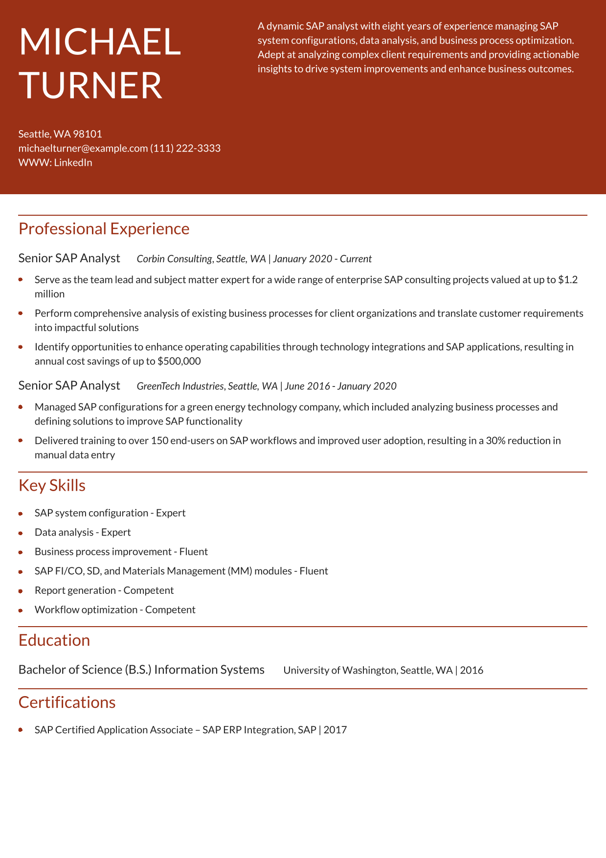 SAP Analyst Resume Example