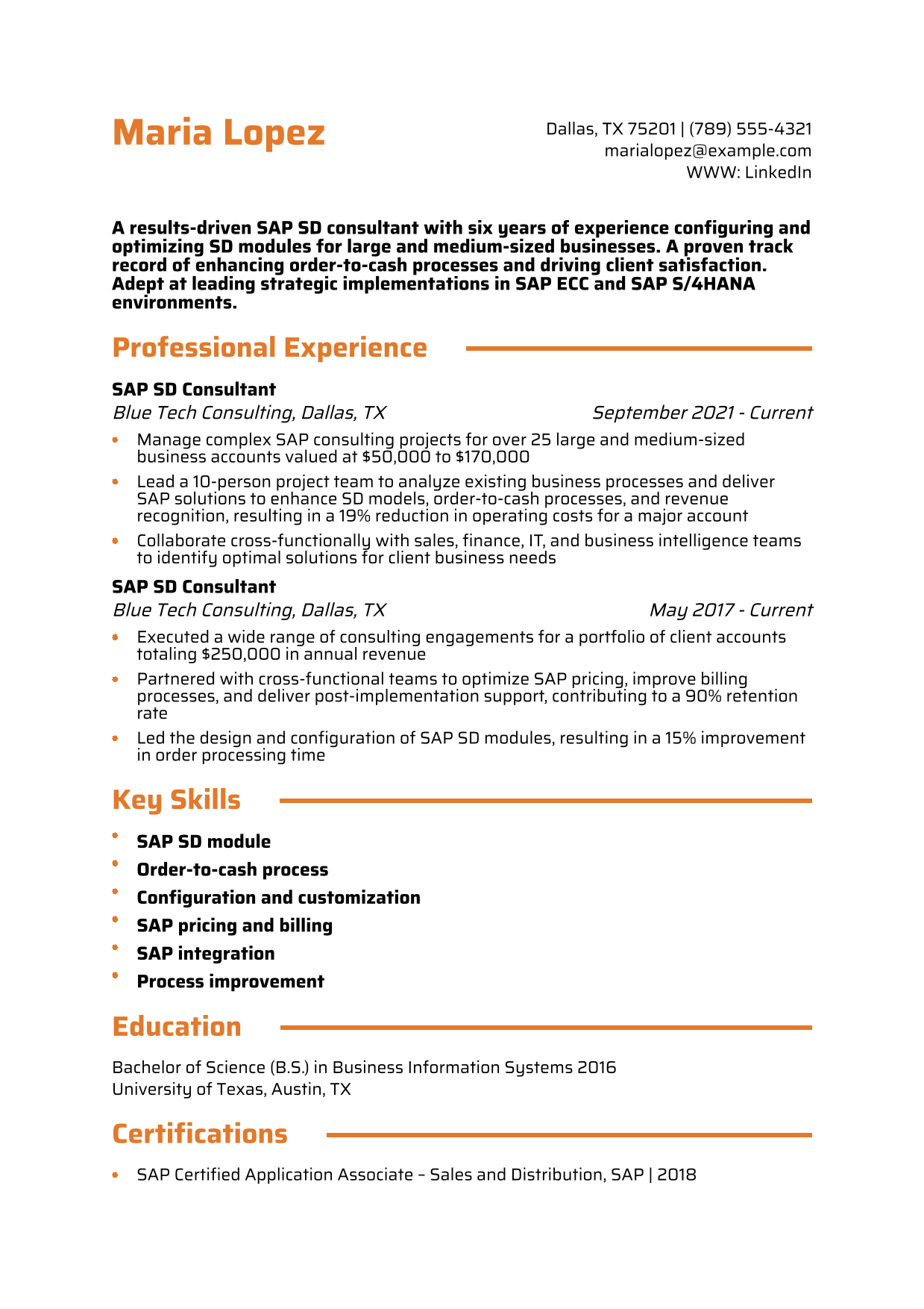 SAP SD Consultant Resume Example
