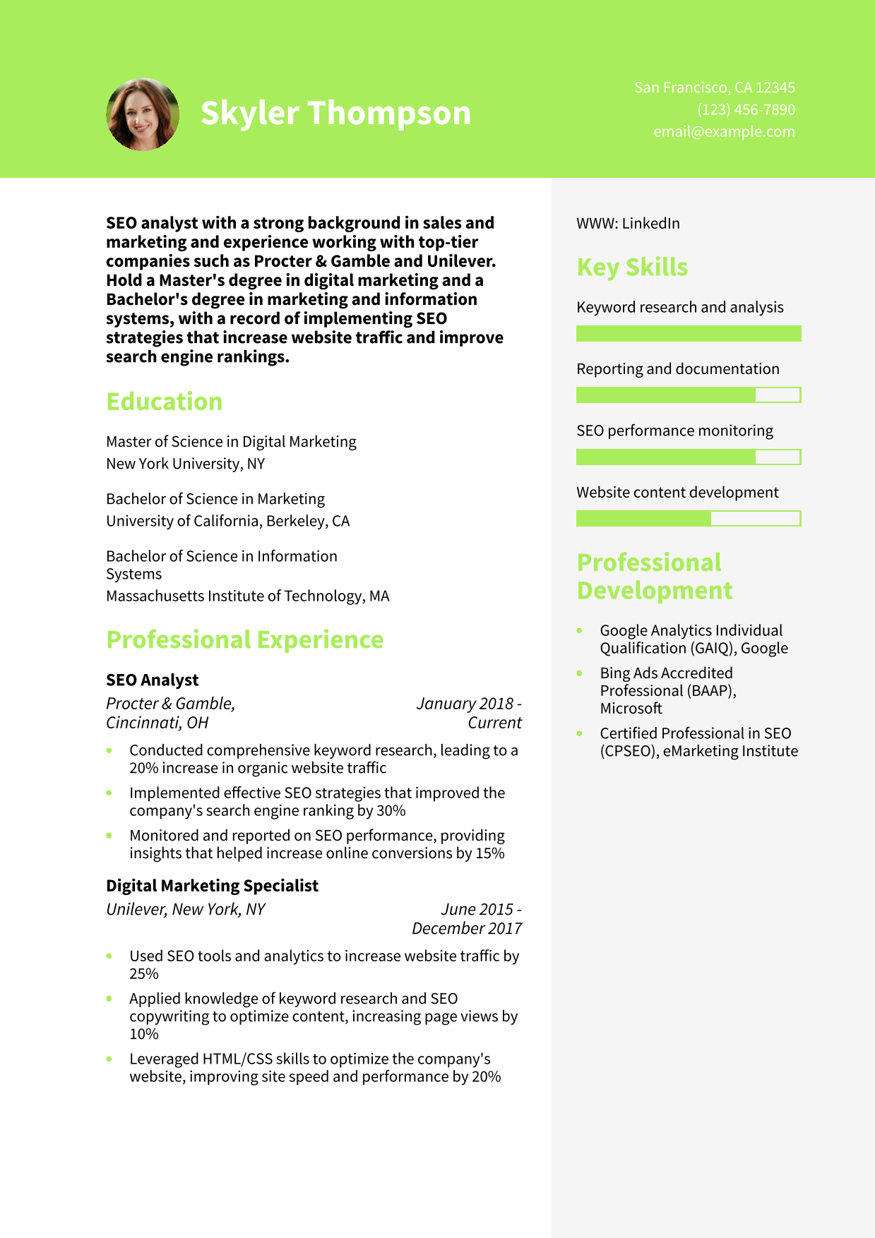 SEO Analyst Resume Example