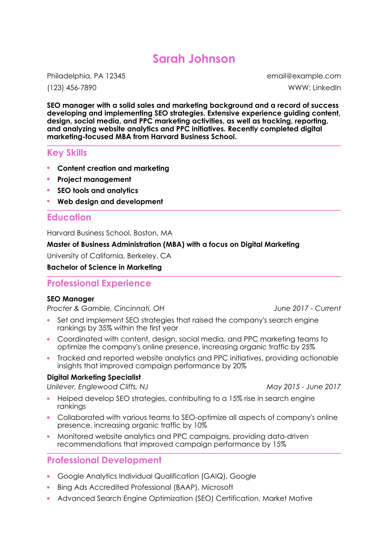 SEO Manager Resume Example