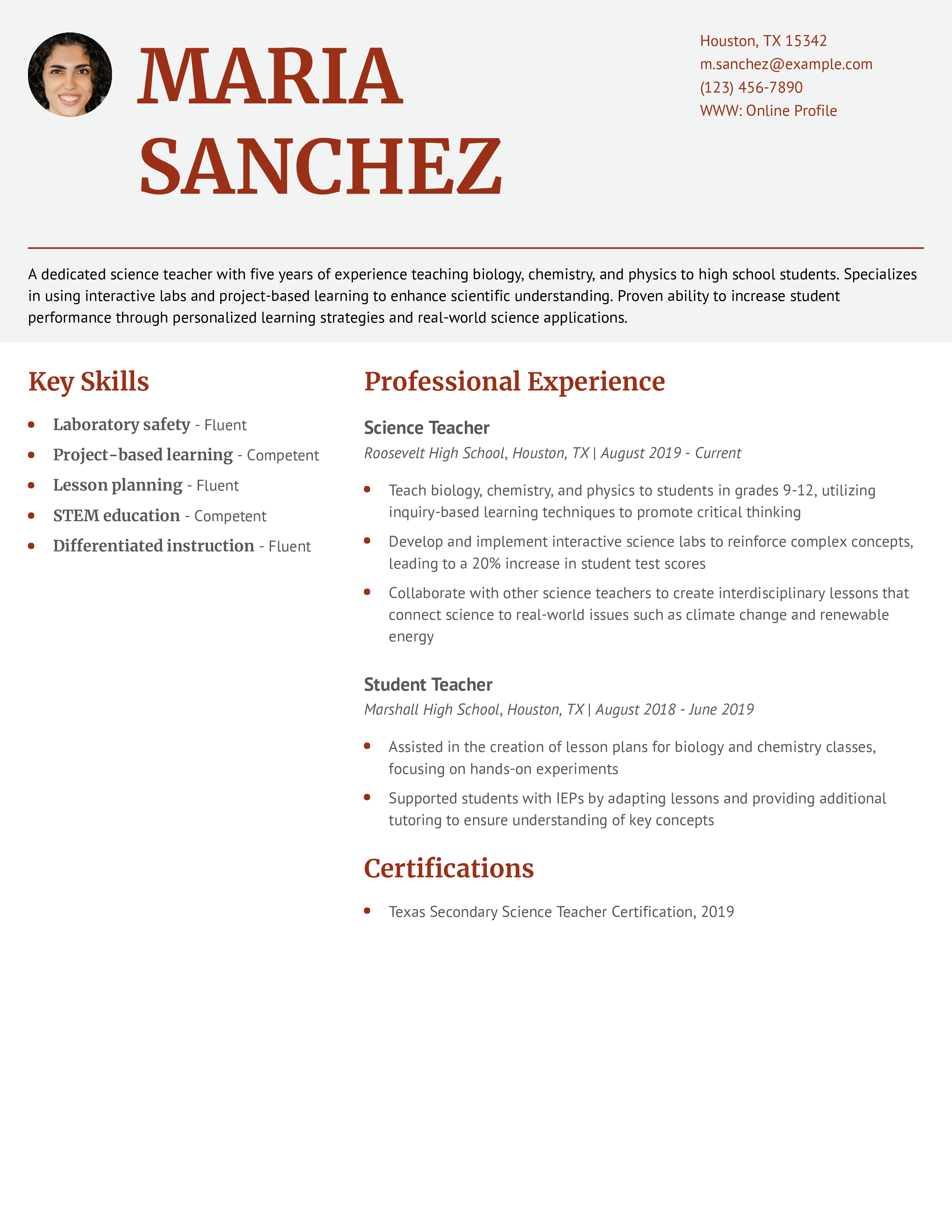 Science Teacher Resume Example