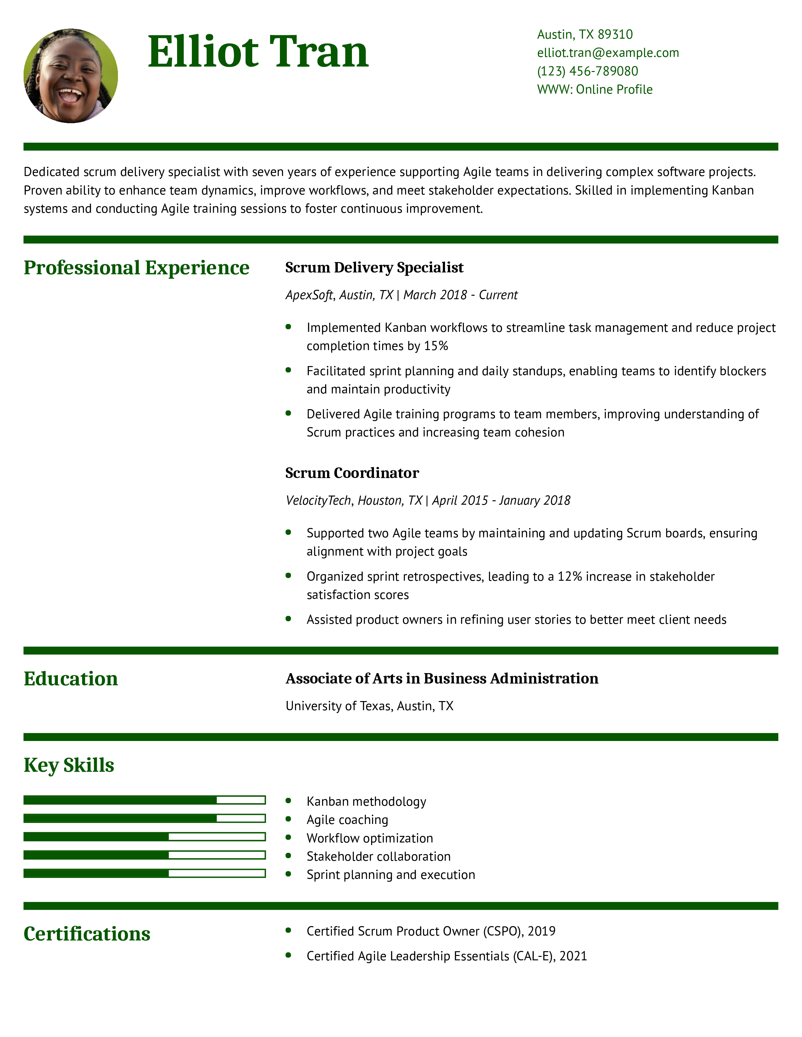 Scrum Delivery Specialist Resume Example