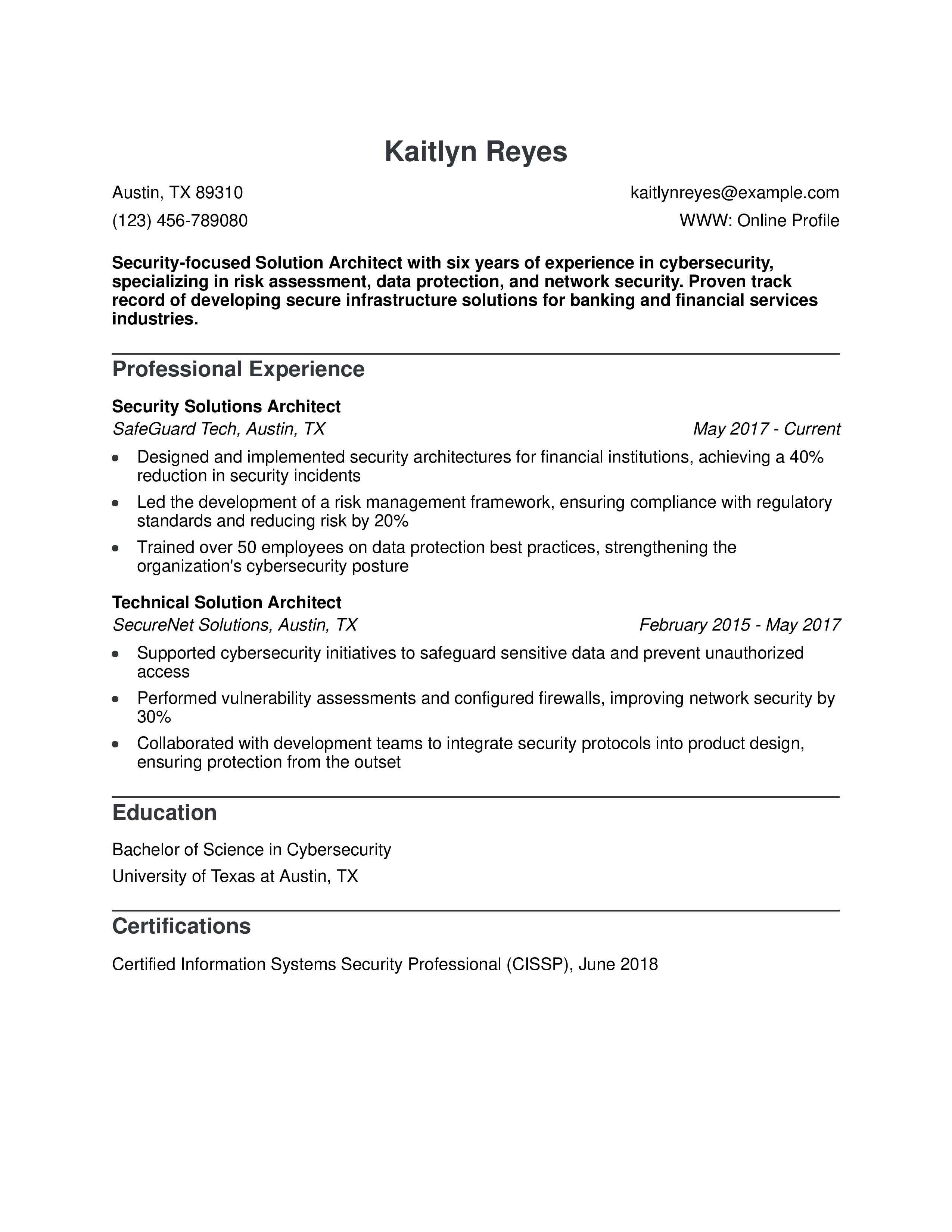 Security Solutions Architect Resume Example