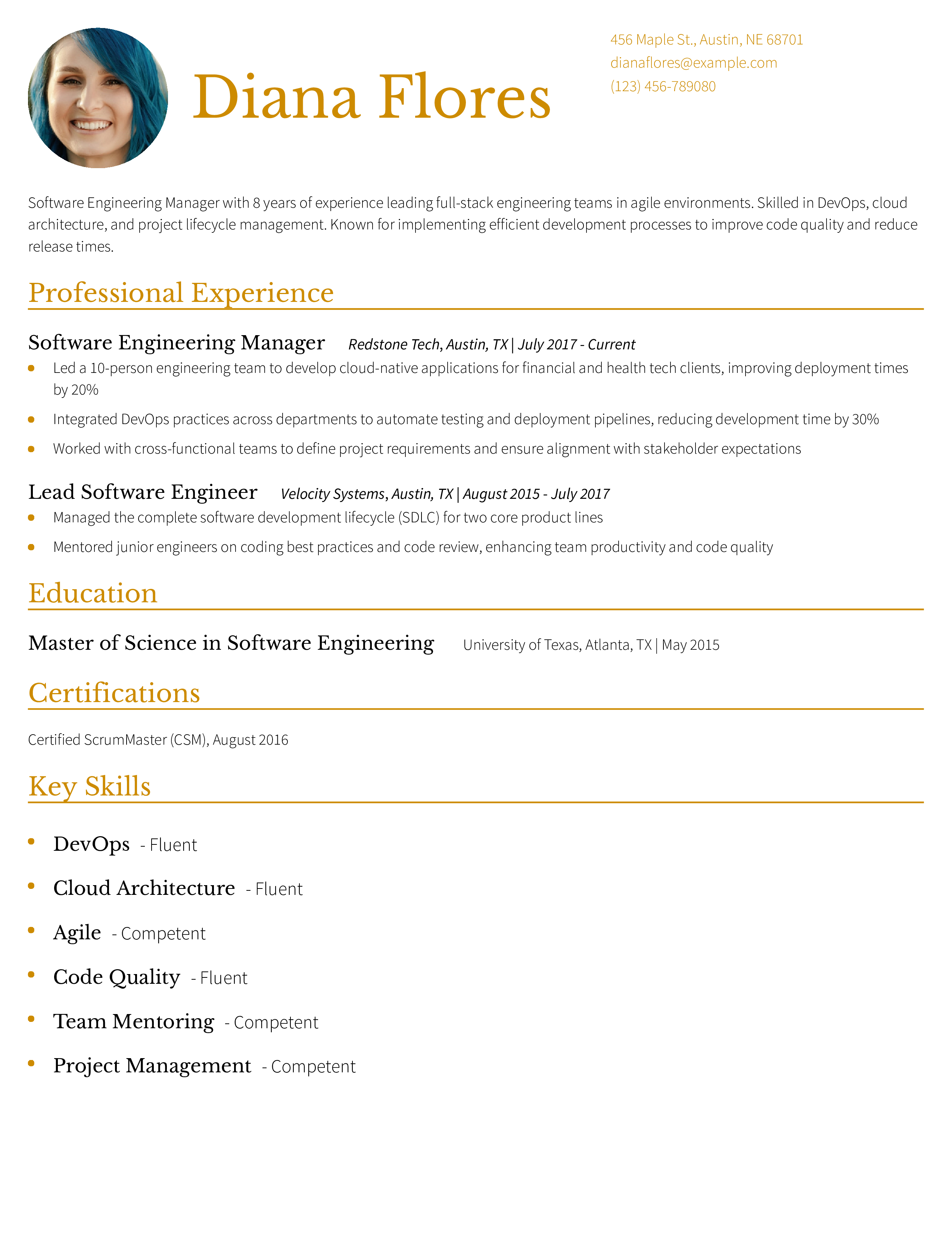 Software Engineering Manager Resume Example