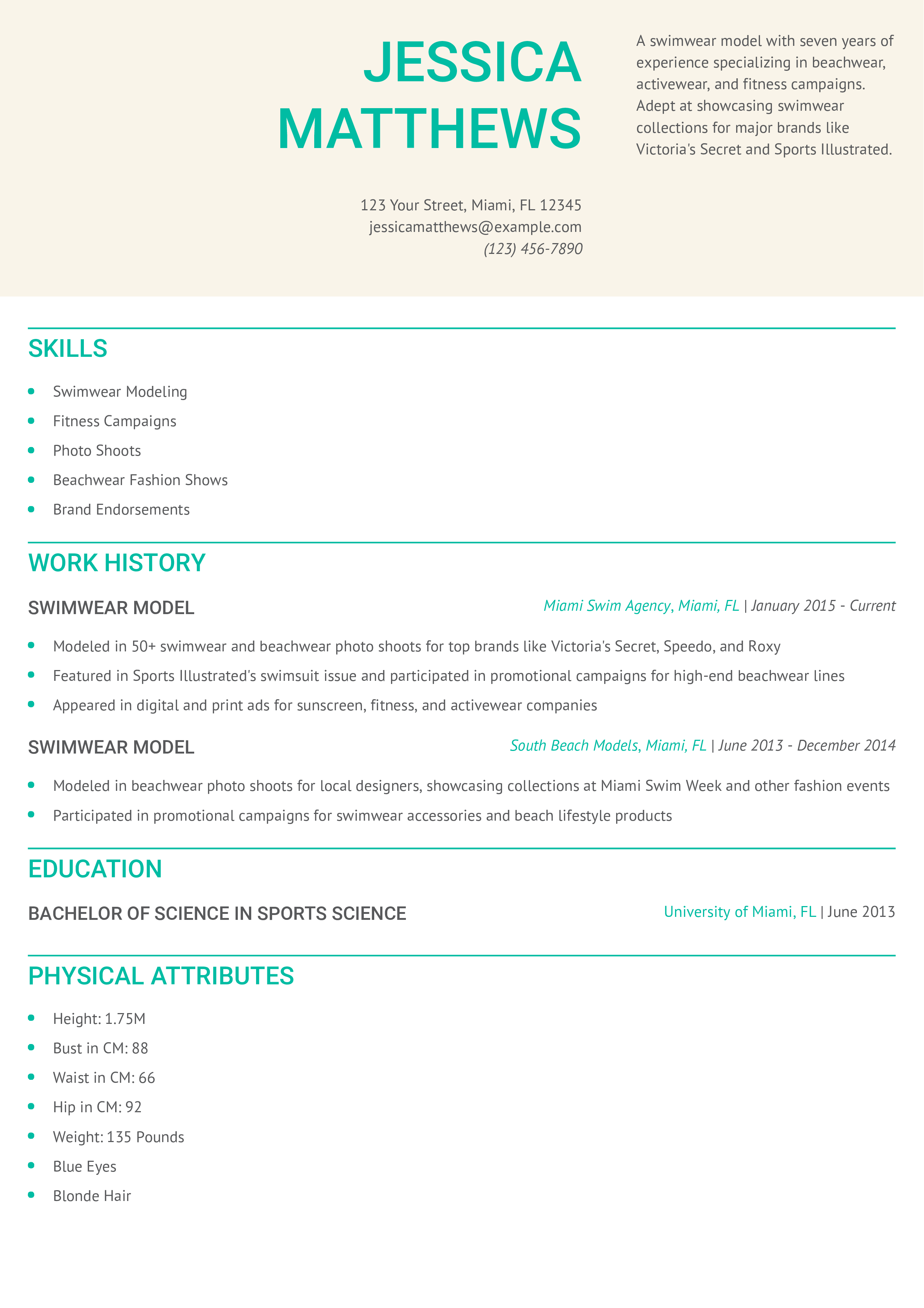 Swimwear Model Resume Example