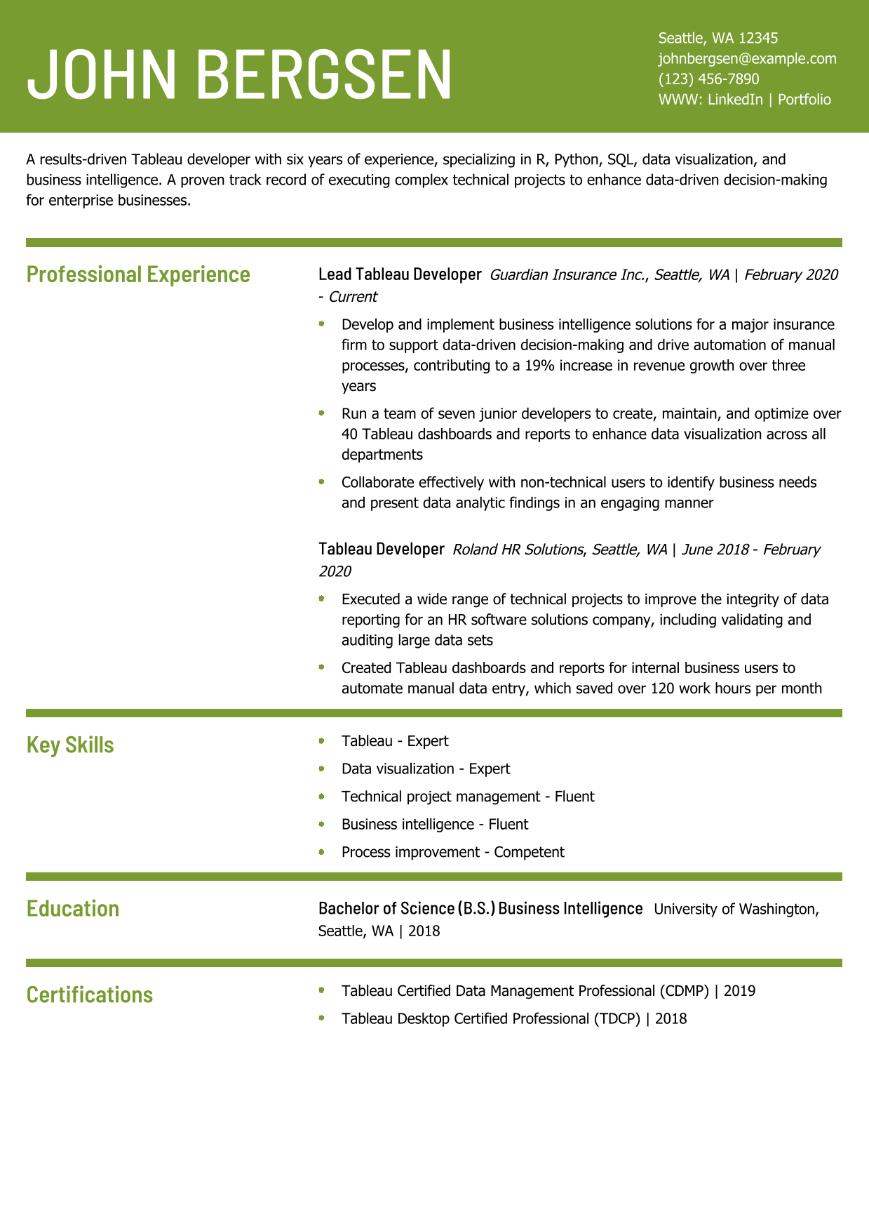 Tableau Developer Resume Example