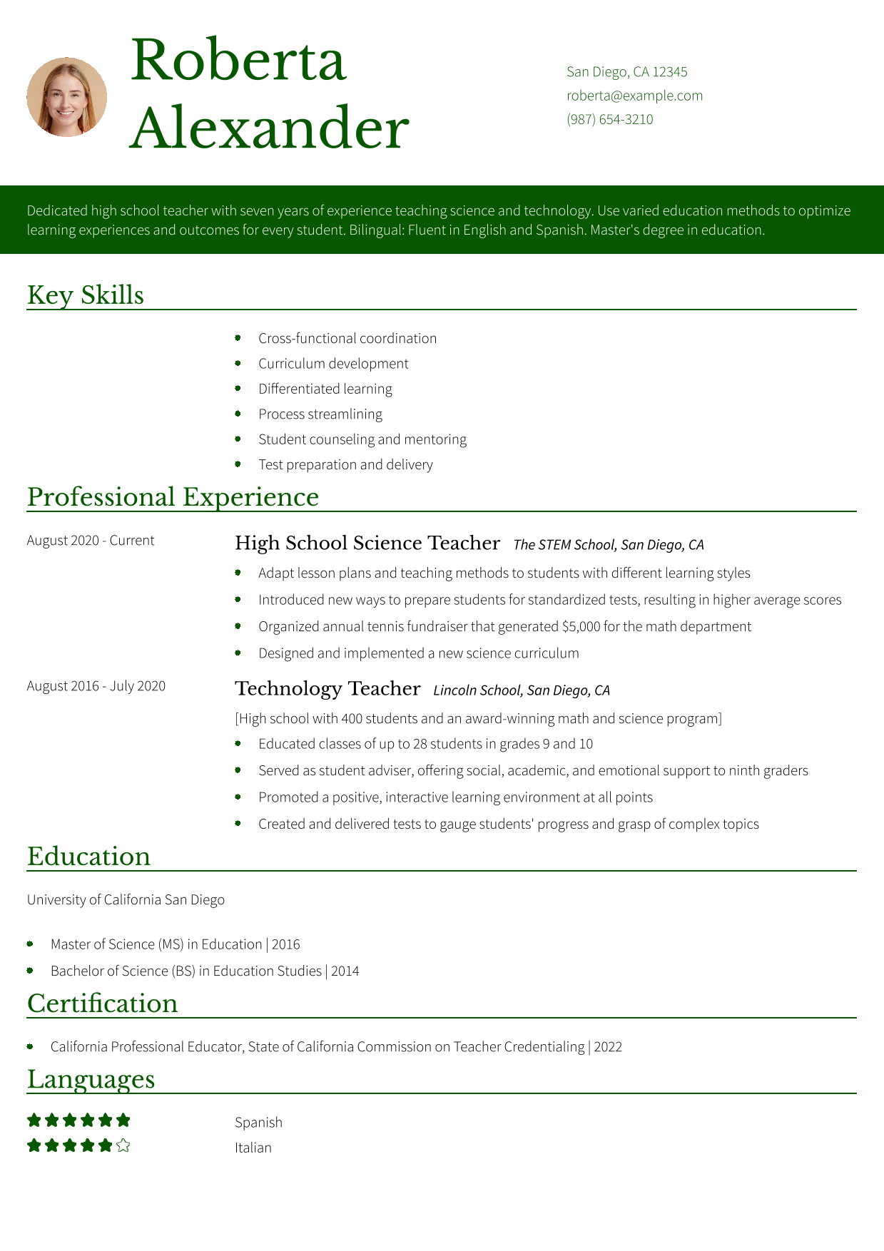 Teacher Resume Example