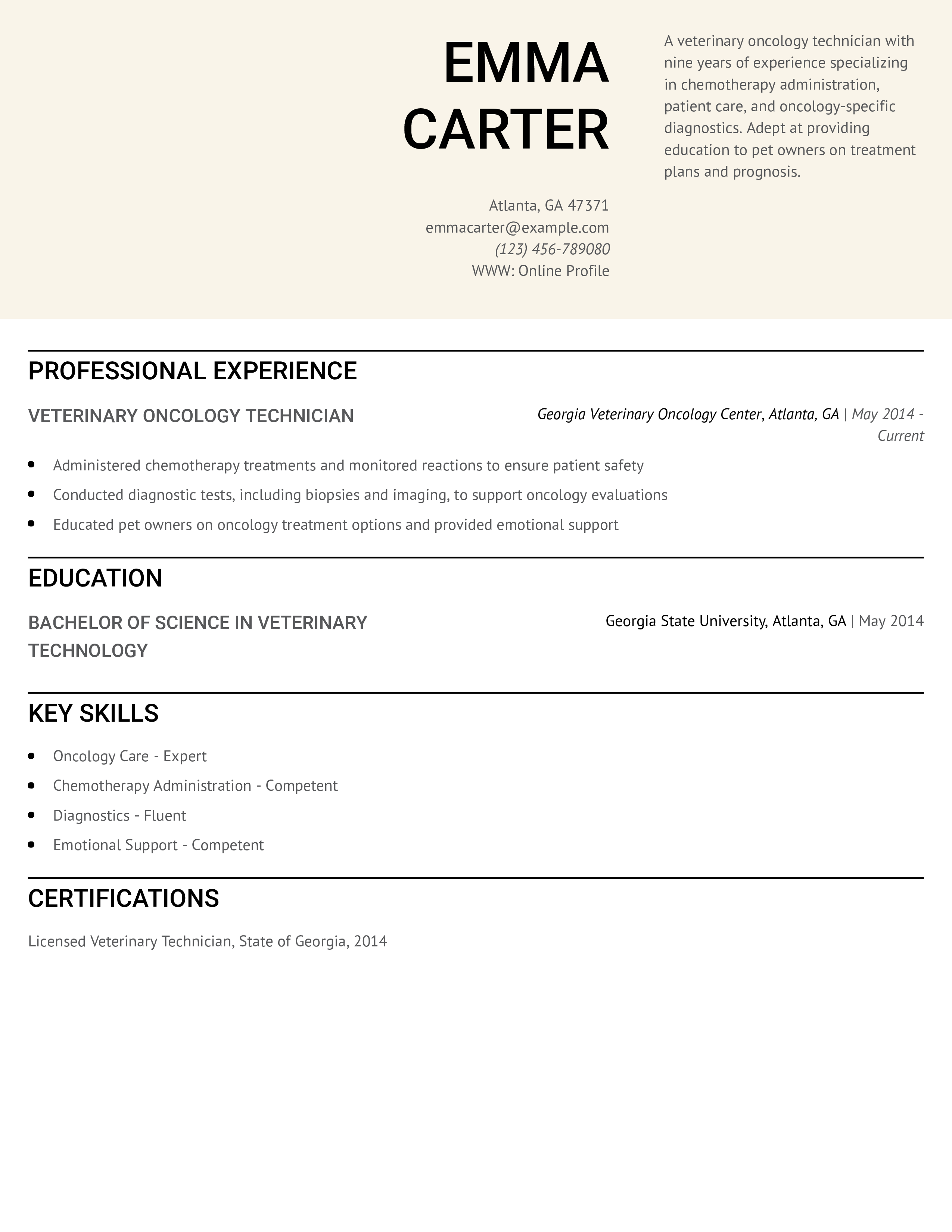 Veterinary Oncology Technician Resume Example