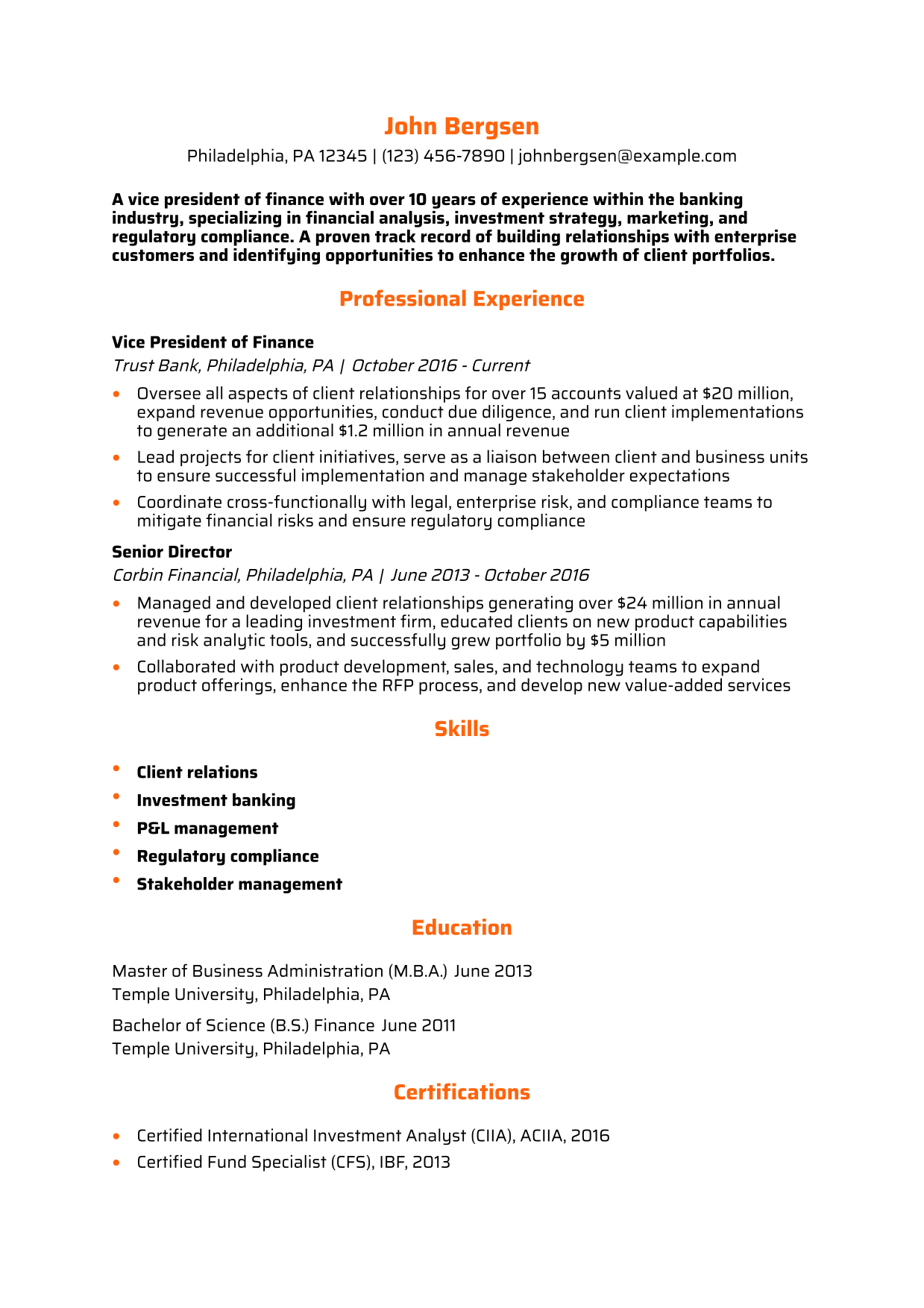 Vice President of Finance Resume Example